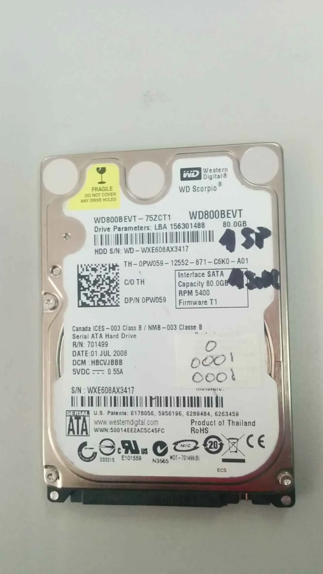 Western Digital WD800BEVT-75ZCT1 S/N WXE608AX3417