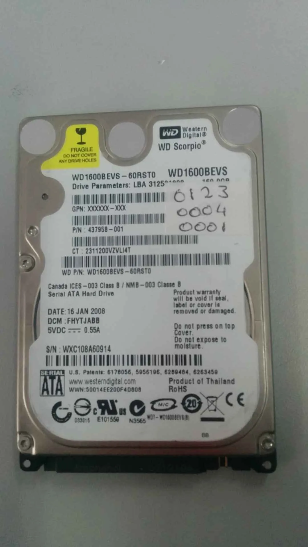 Western Digital WD1600BEVS-60RST0 S/N WXC108A60914
