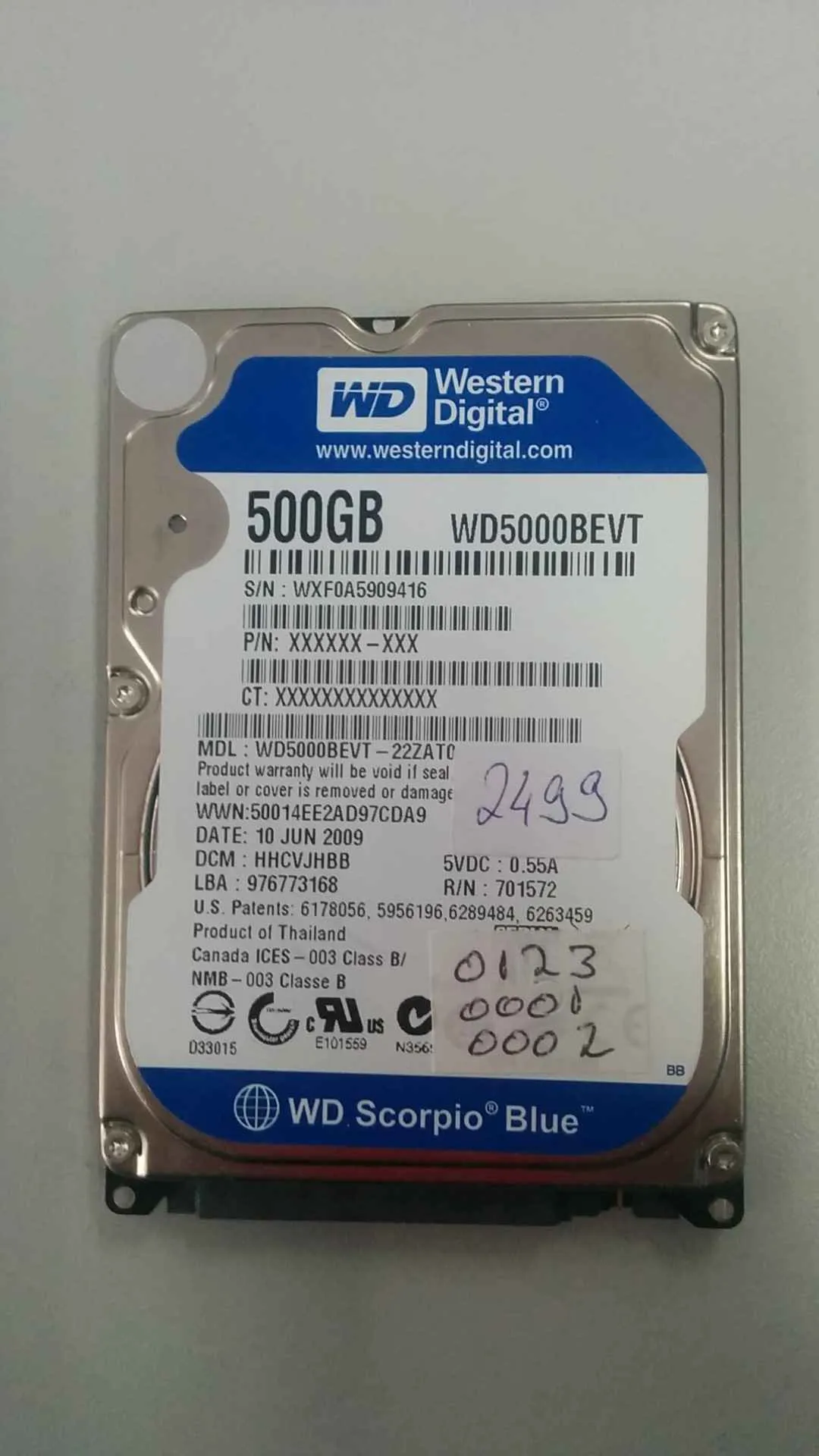Western Digital WD5000BEVT-22ZAT0 S/N WXF0A5909416