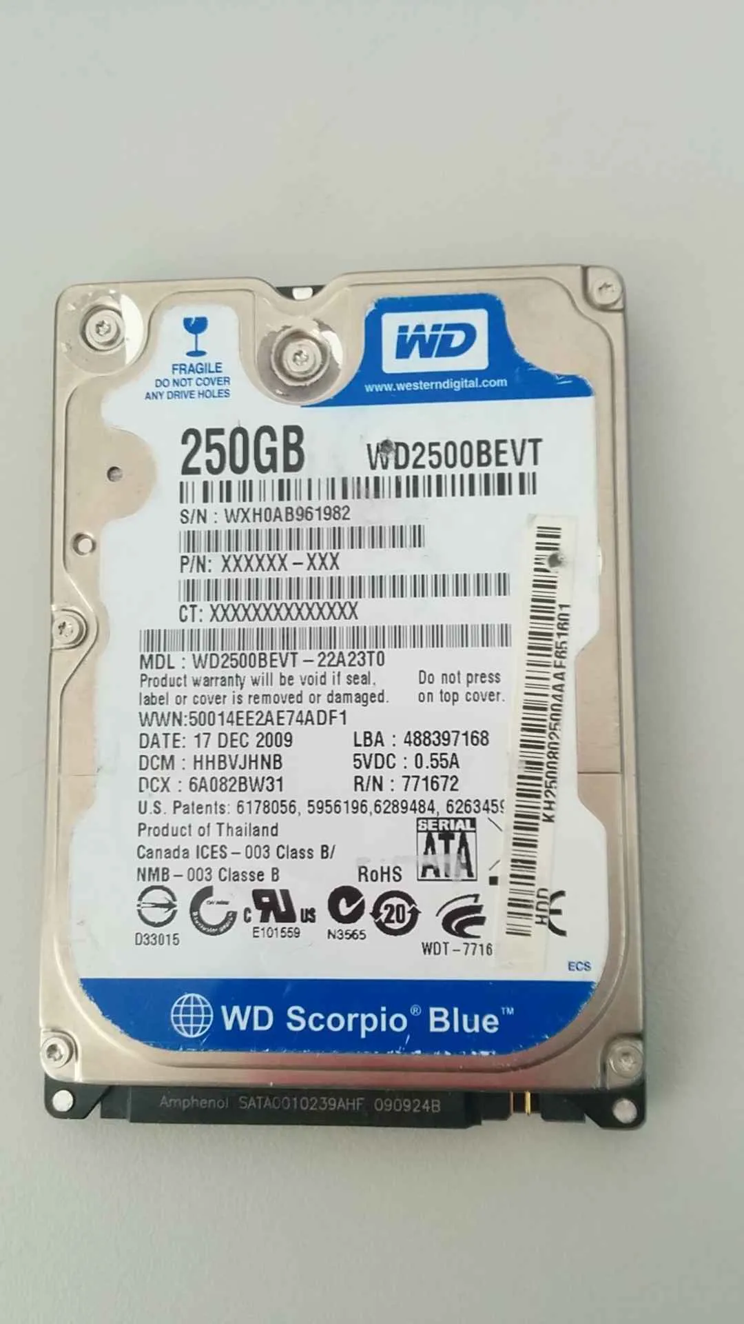 Western Digital WD2500BEVT-22A23T0 S/N WXH0AB961982