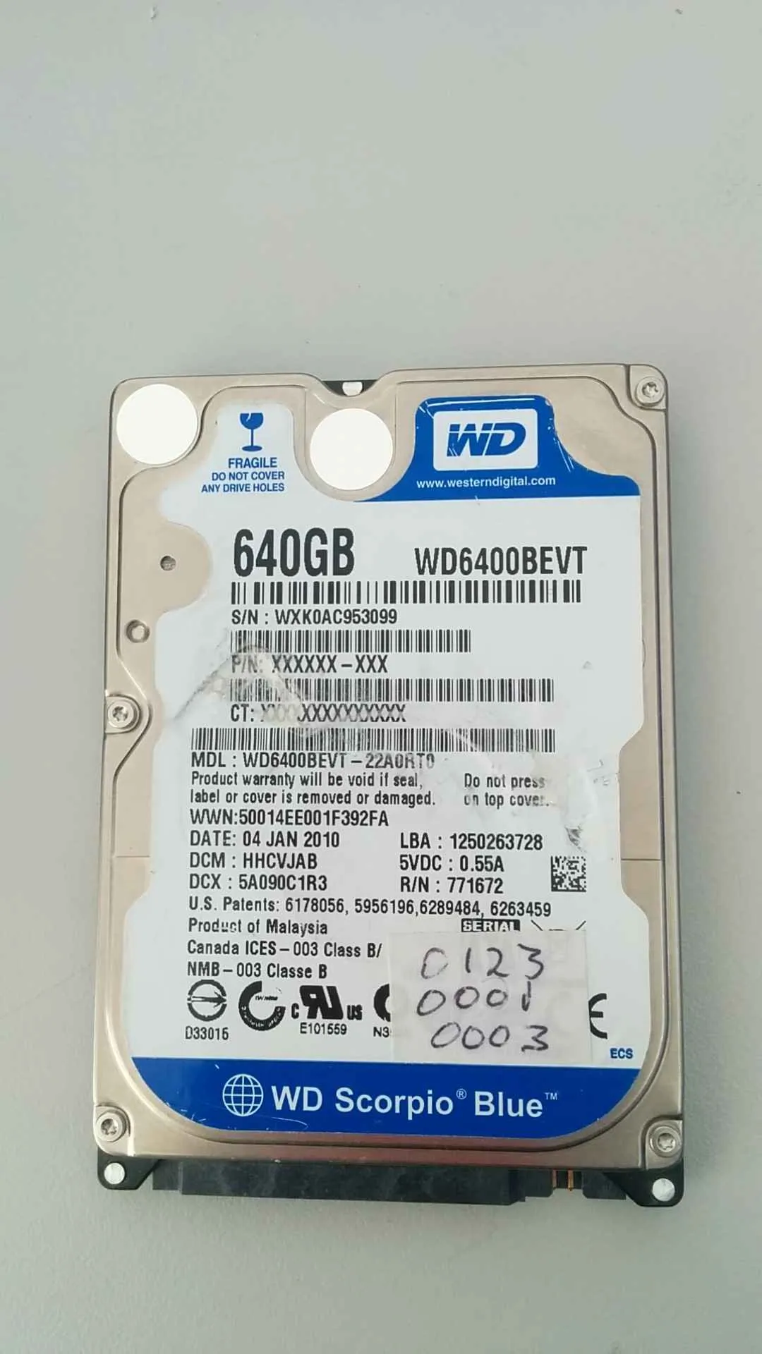 Western Digital WD6400BEVT-22A0RT0 S/N WXK0AC953099