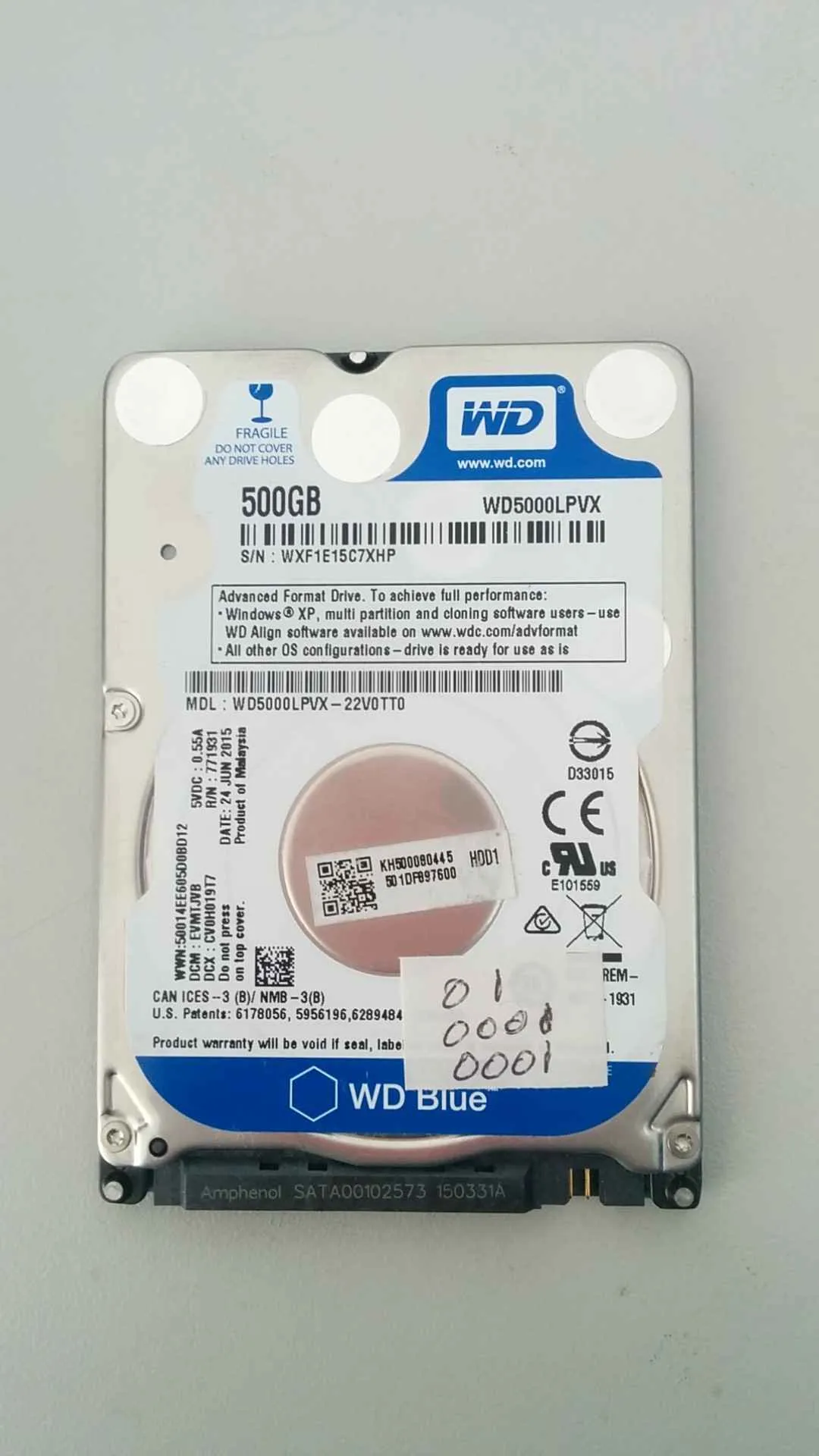 Western Digital WD5000LPVX-22V0TT0 S/N WXF1E15C7XHP