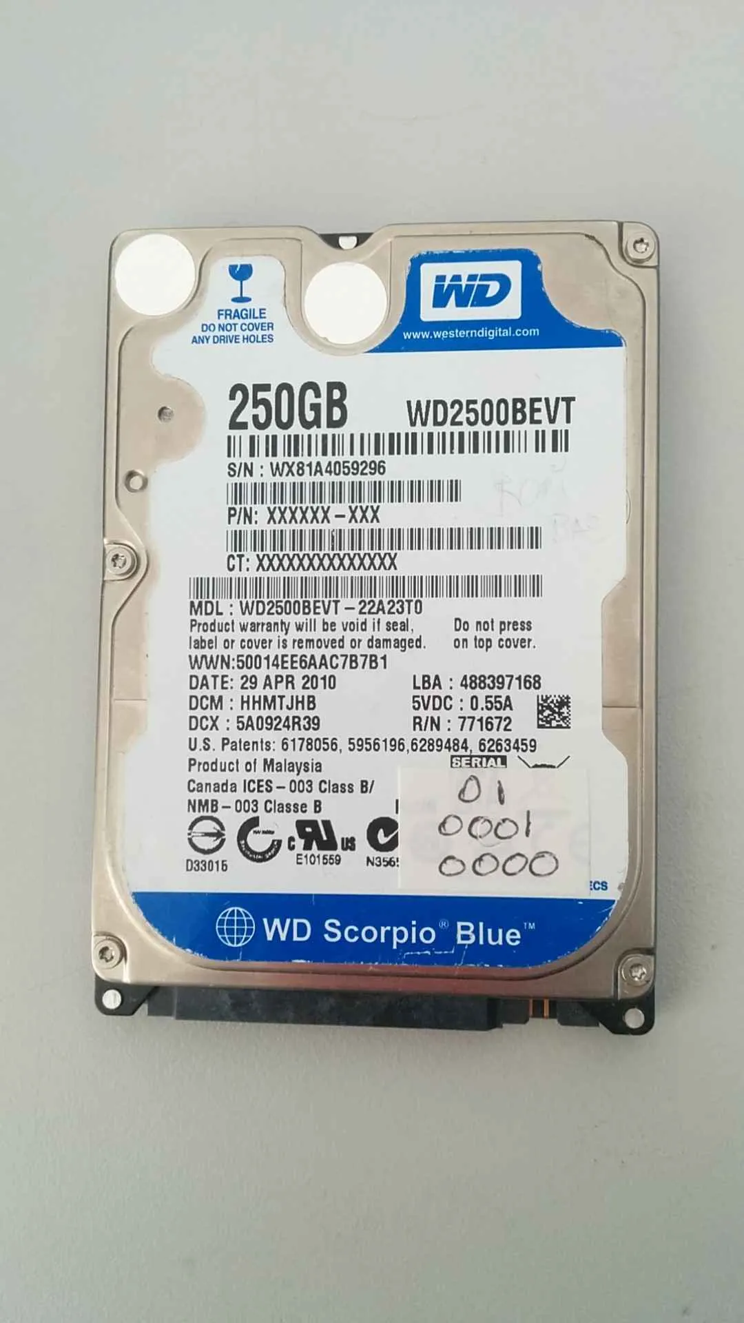 Western Digital WD2500BEVT-22A23T0 S/N WX81A4059296