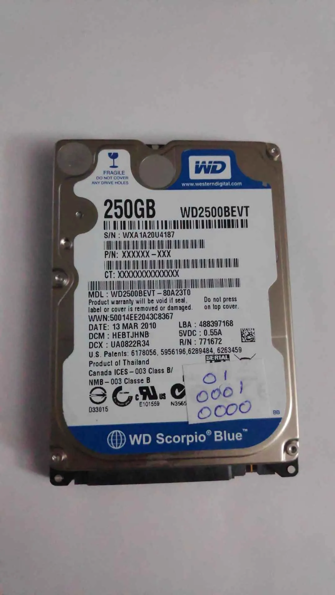 Western Digital WD2500BEVT-80A23T0 S/N WXA1A20U4187