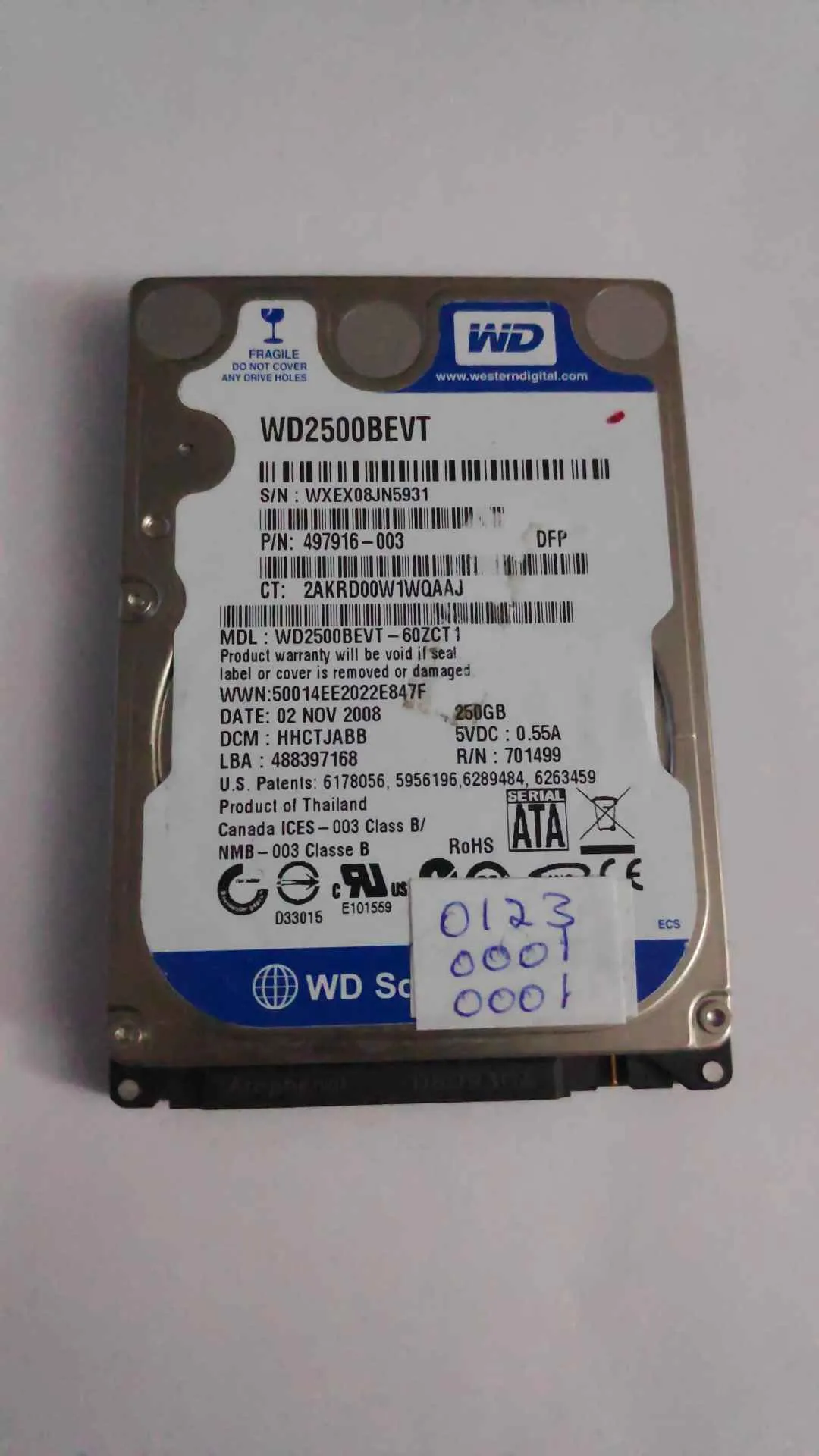 Western Digital WD2500BEVT-60ZCT1 S/N WXEX08JN5931