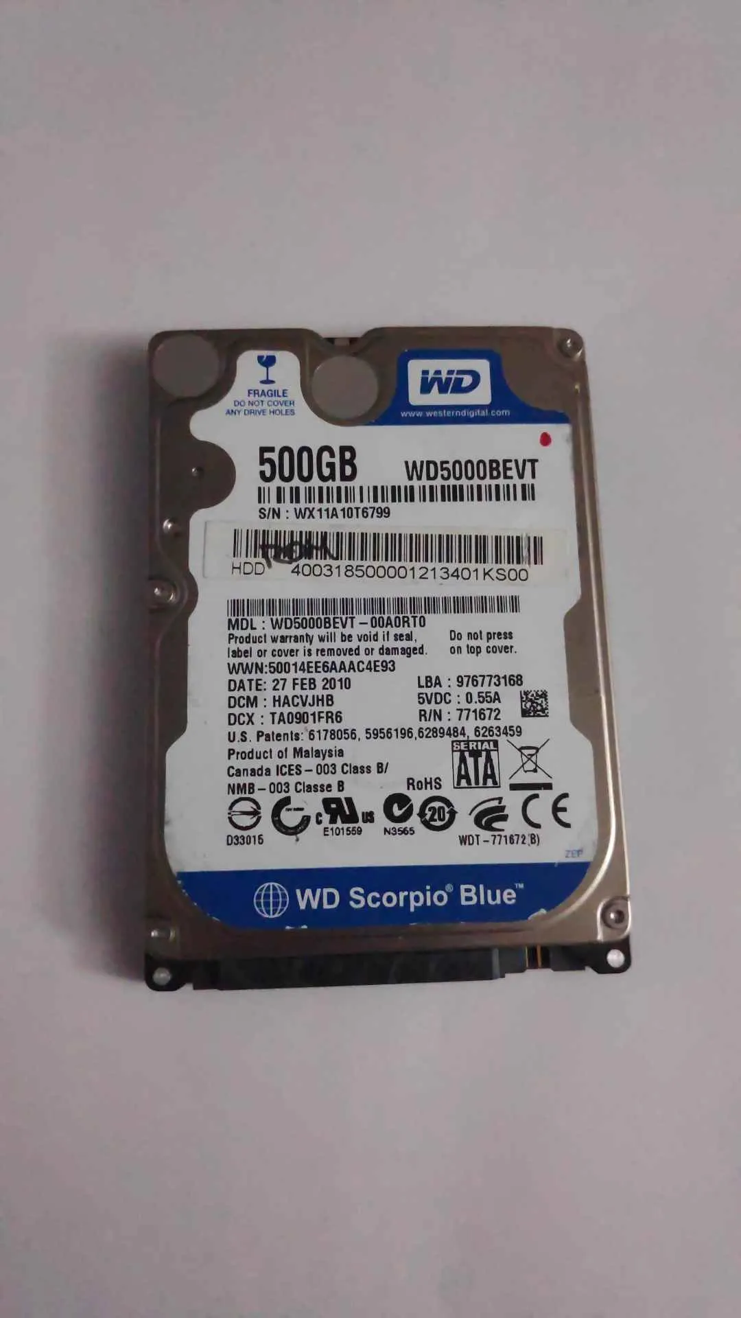 Western Digital WD5000BEVT-00A0RT0 S/N WX11A10T6799