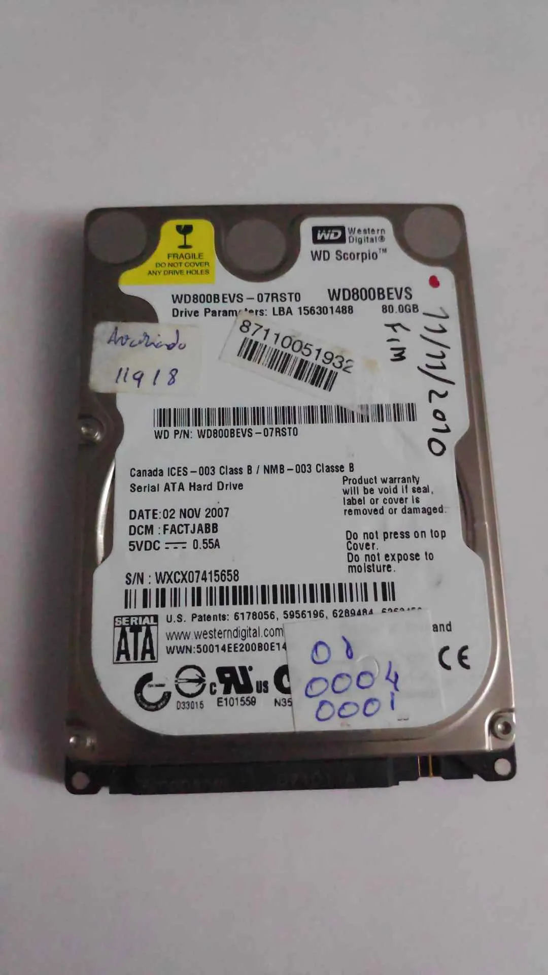Western Digital WD800BEVS-07ST0 S/N WXCX07415658