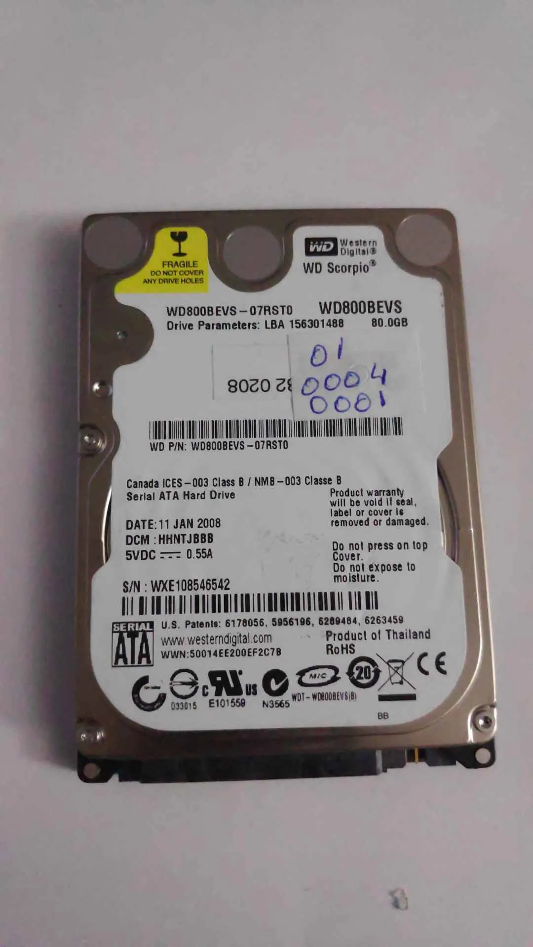 Western Digital WD800BEVS-07RST0 S/N WXE108546542