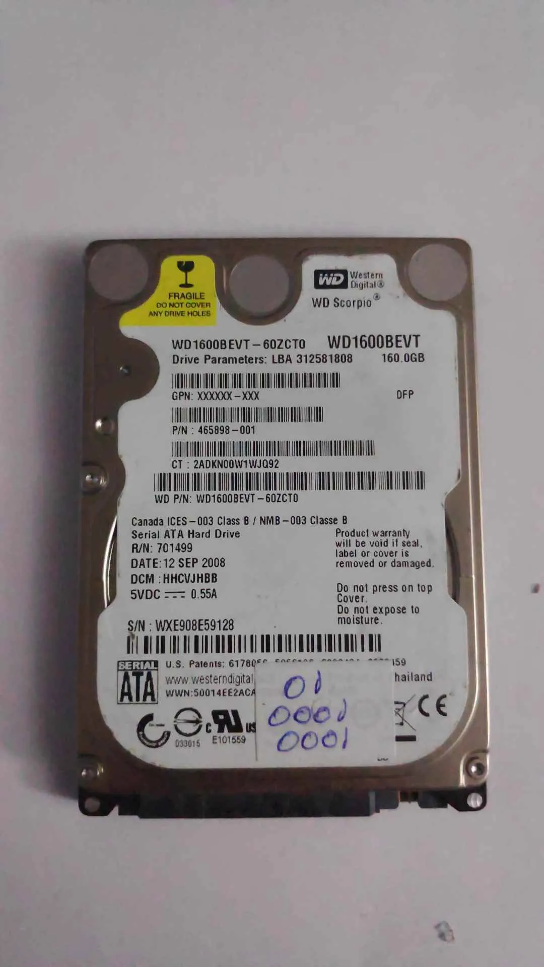 Western Digital WD1600BEVT-60ZCT0 S/N WXE908E59128