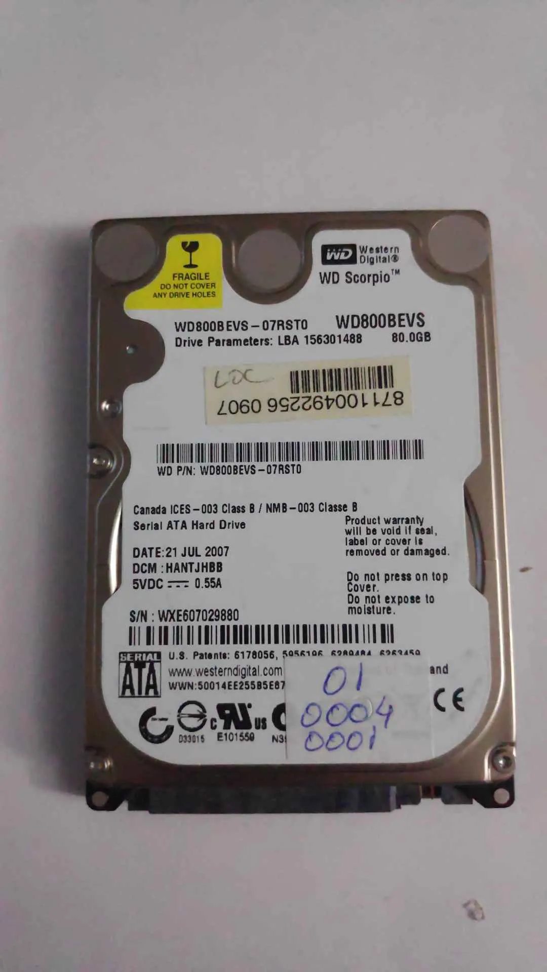 Western Digital WD800BEVS-07RST0 S/N WXE607029880
