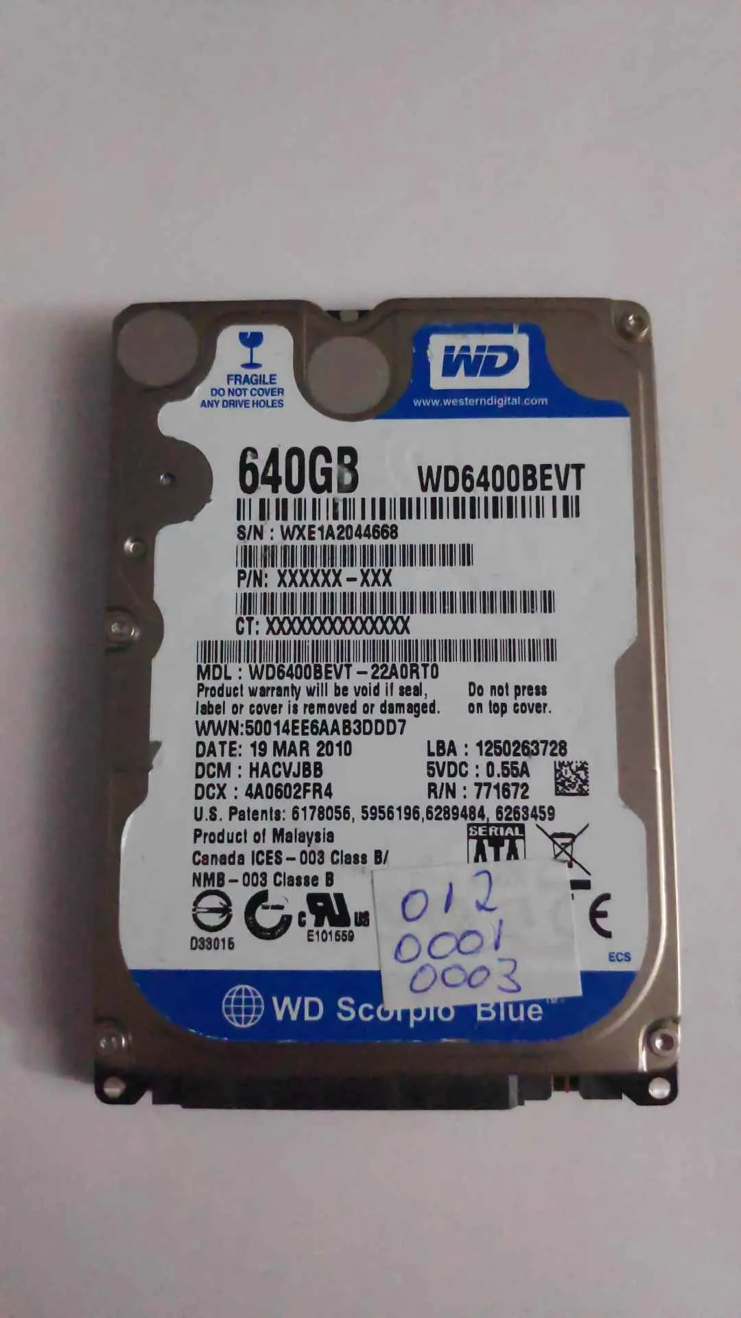 Western Digital WD6400BEVT-22A0RT0 S/N WXE1A2044668