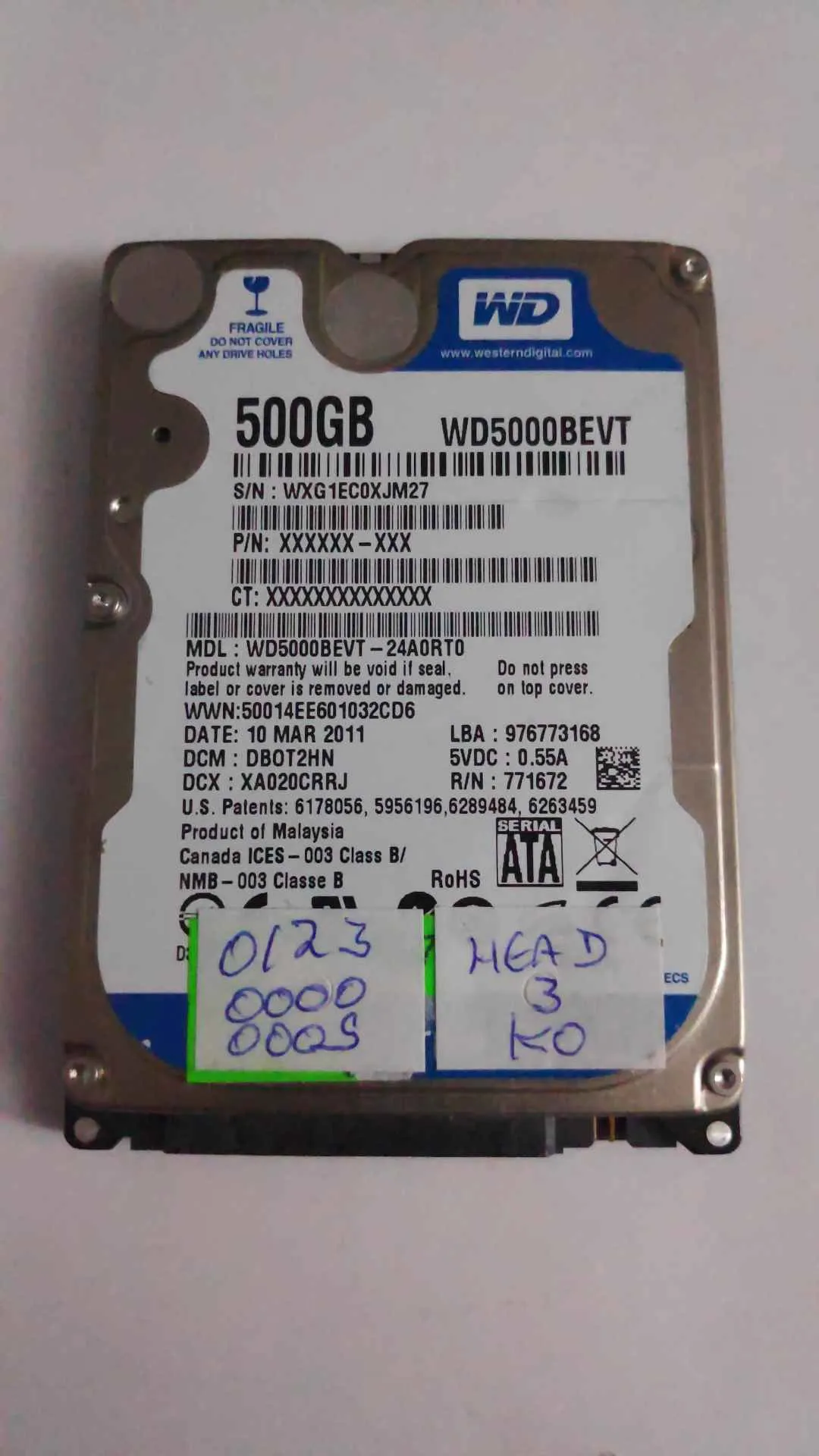 Western Digital WD5000BEVT-24A0RT0 S/N WXG1EC0XJM27