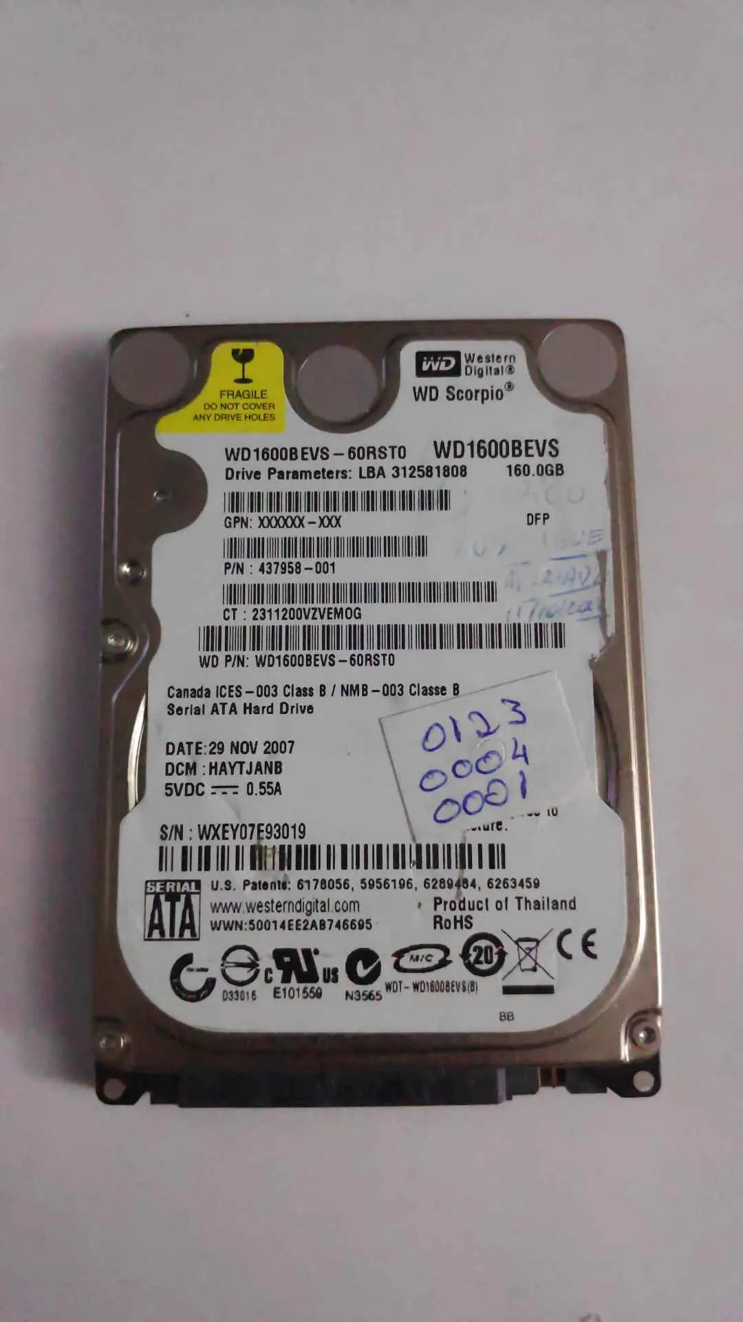 Western Digital WD1600BEVS-60RST0 S/N WXEY07E93019