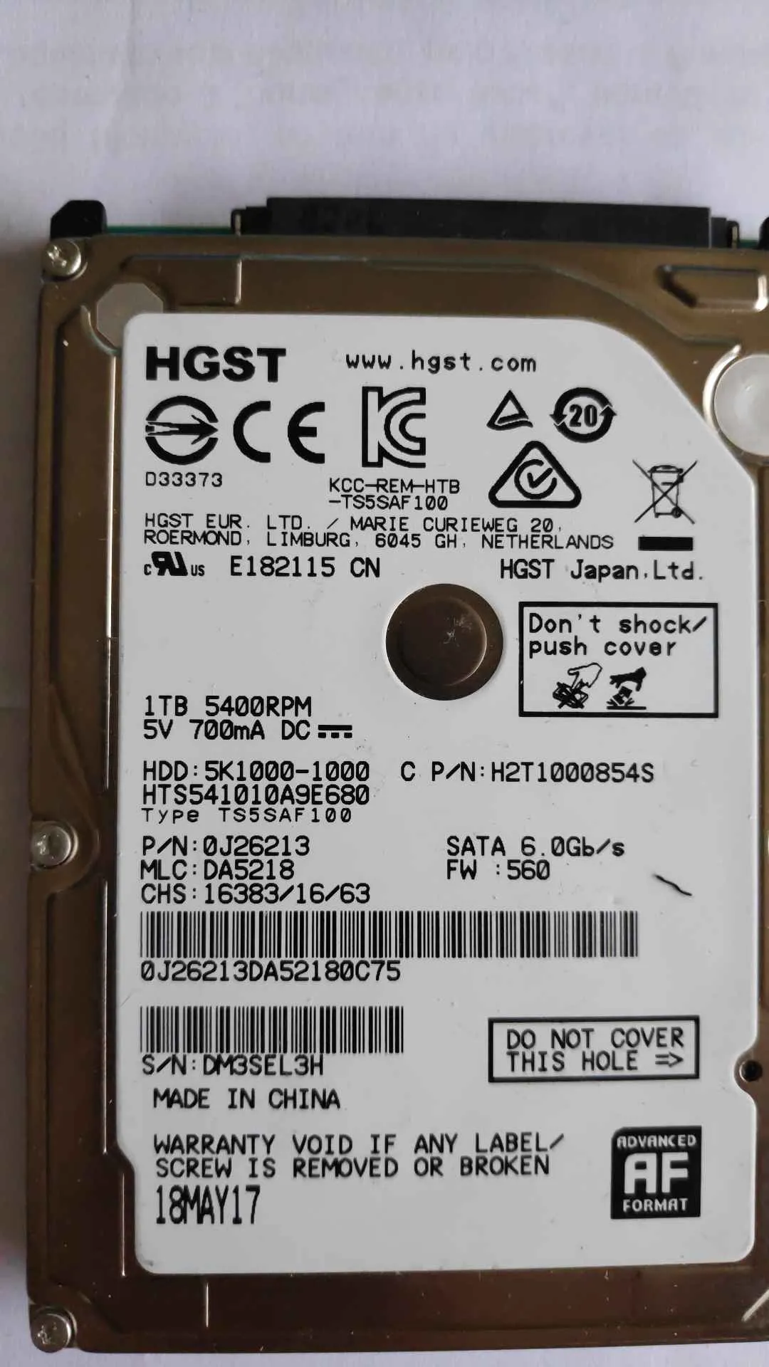Hitachi HTS541010A9E680 S/N DM3SEL3H