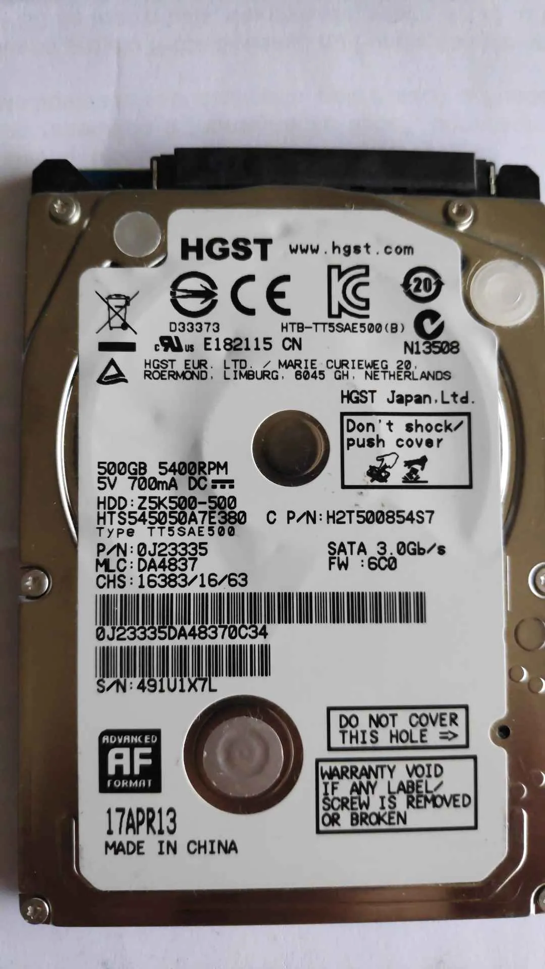 Hitachi HTS545050A7E380 S/N 491U1X7L