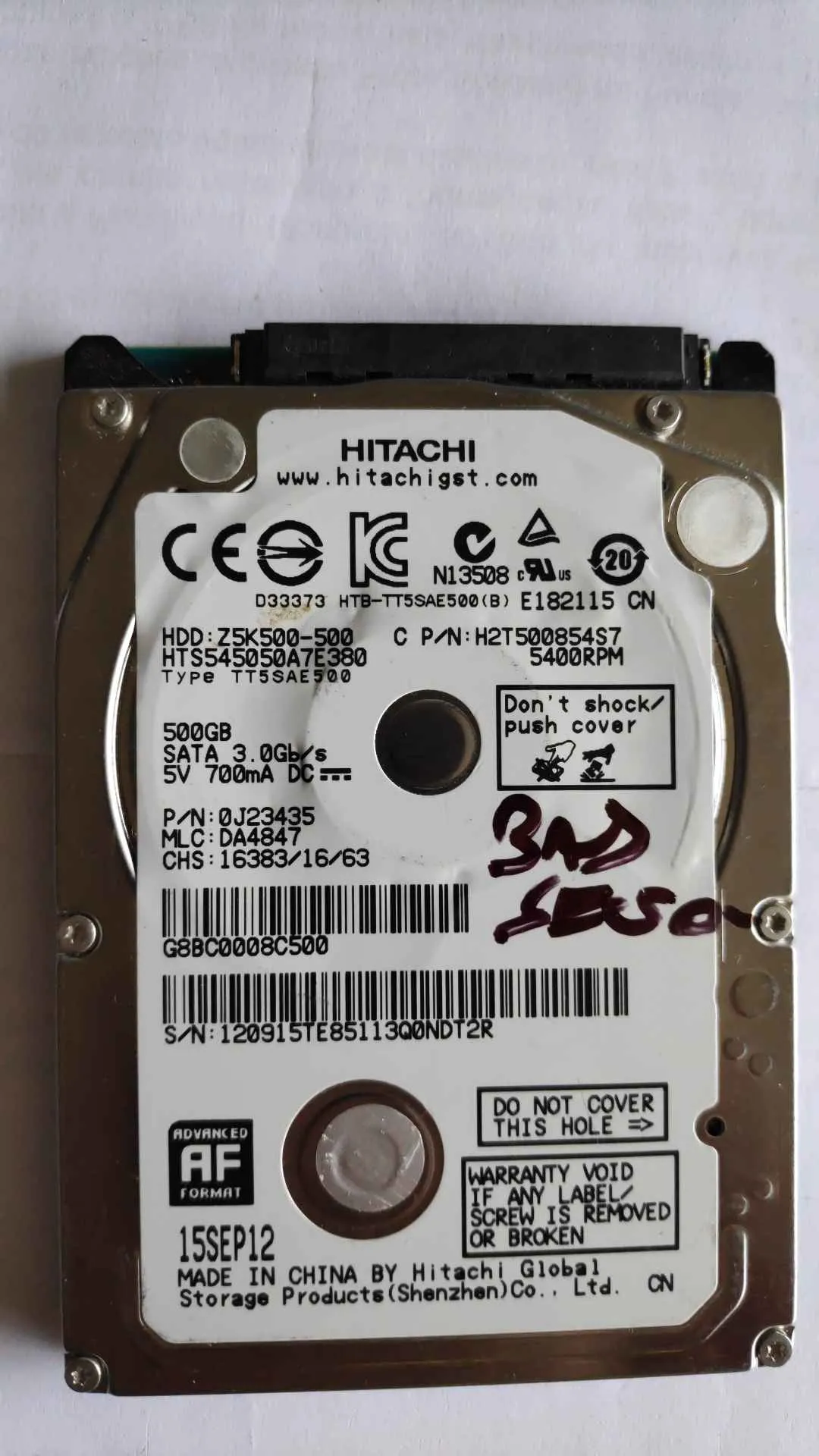 Hitachi HTS545050A7E380 S/N 120915TE85113Q0NDT2R