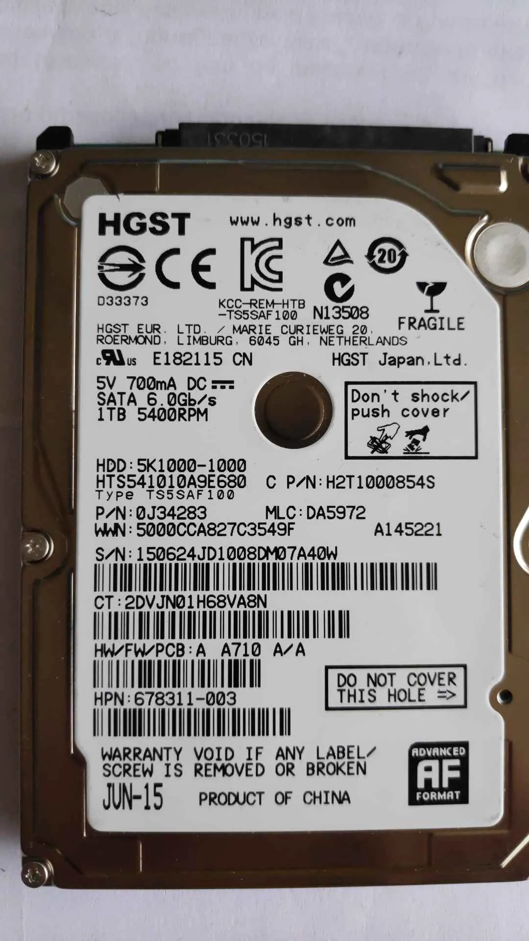Hitachi HTS541010A9E680 S/N 150624JD1008DM07A40W