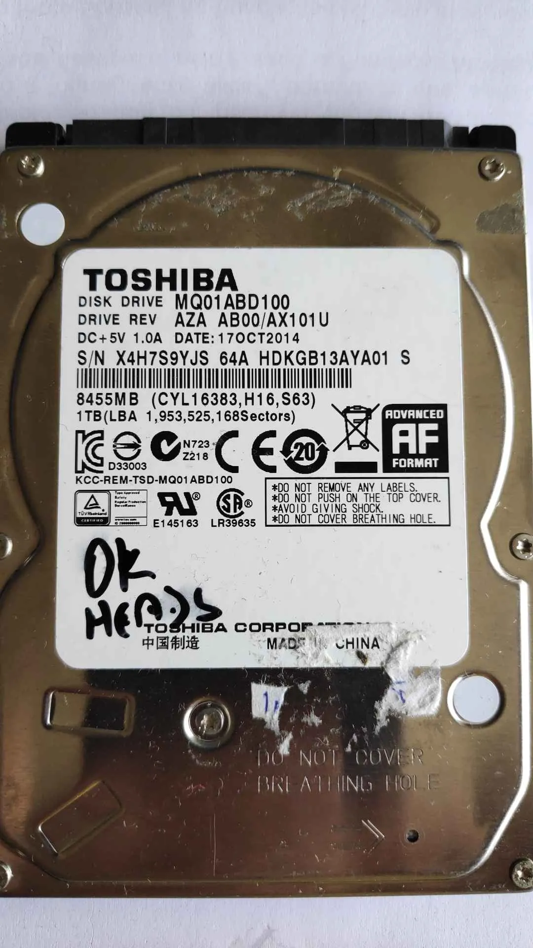 Toshiba MQ01ABD100 S/N X4H7S9YJS64A