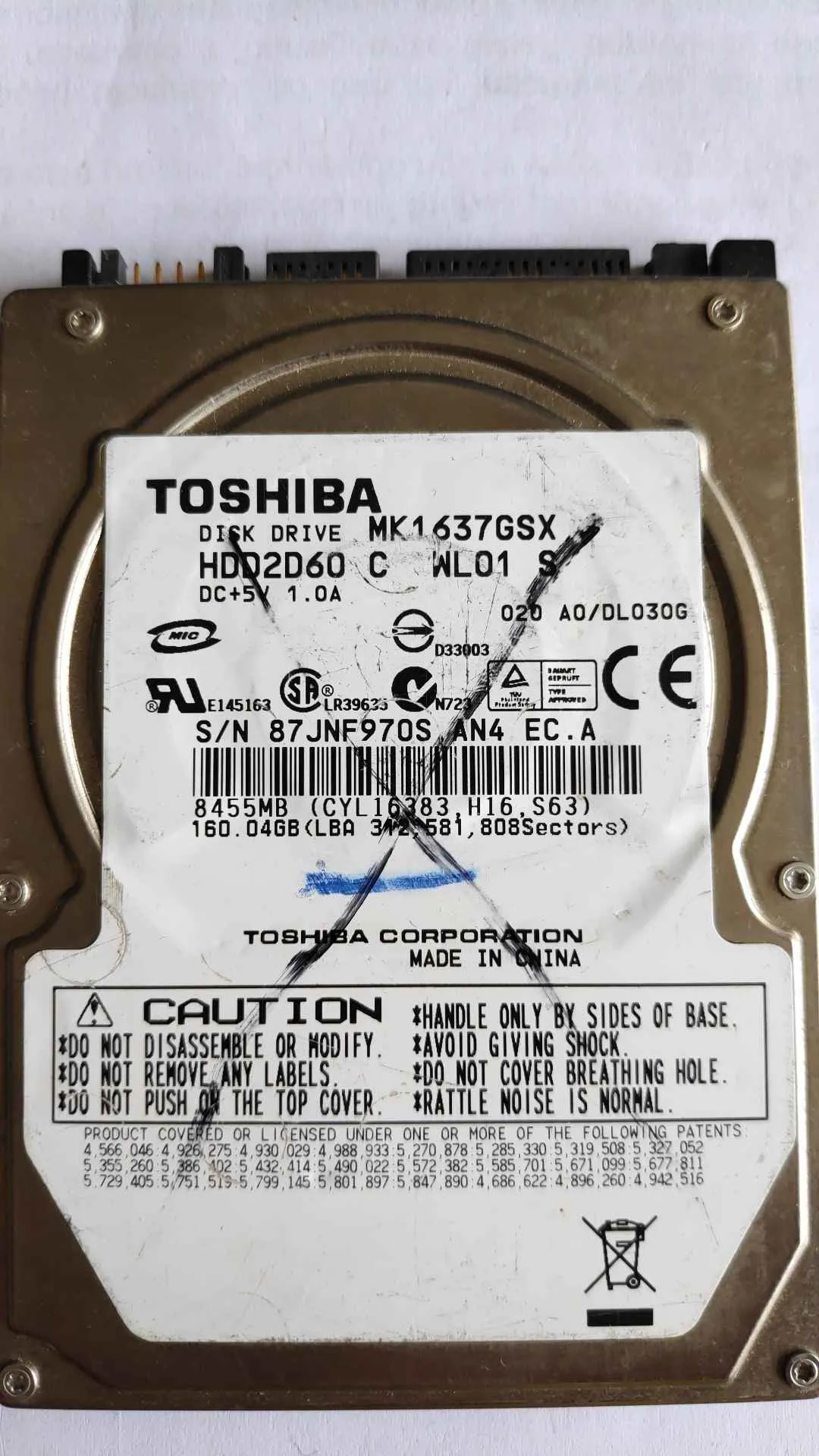 Toshiba MK1637GSX S/N 87JNF970SAN4