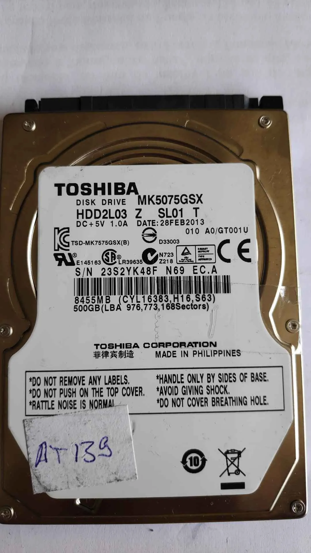 Toshiba MK5075GSX S/N 23S2YK48FN69