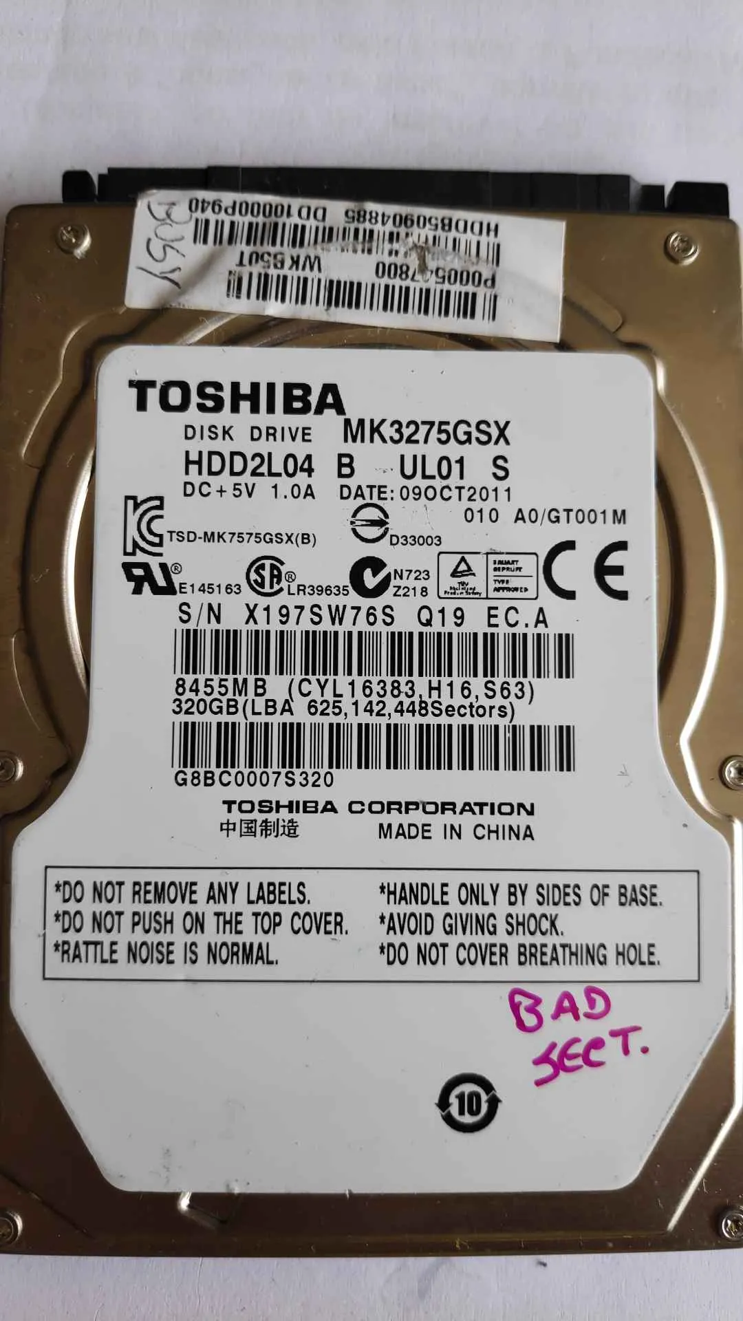 Toshiba MK3275GSX S/N X197SW76SQ19