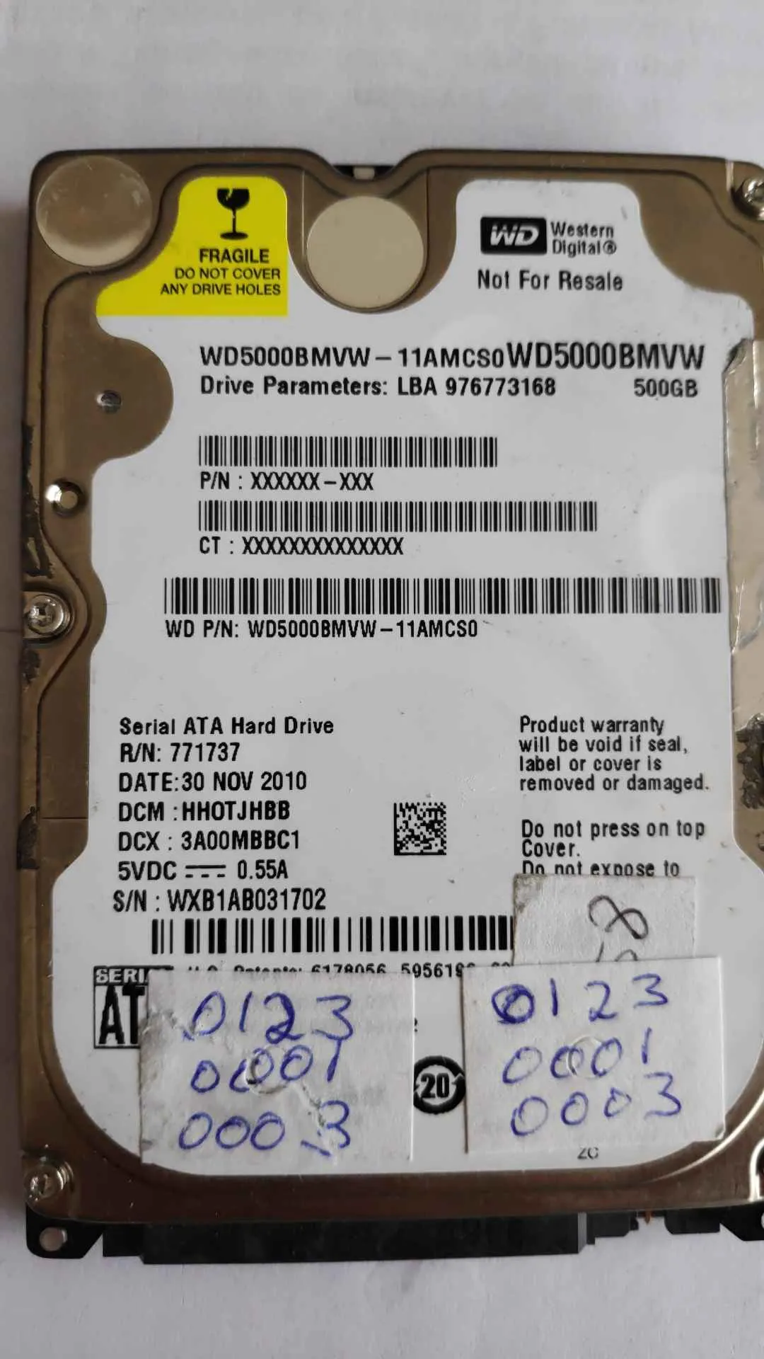 Western Digital WD5000BMVW-11AMCS0 S/N WXB1AB031702