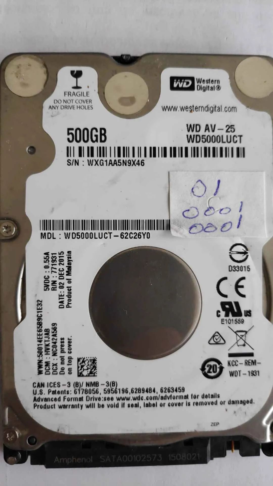 Western Digital WD5000LUCT-62C26Y0 S/N WXG1AA5N9X46