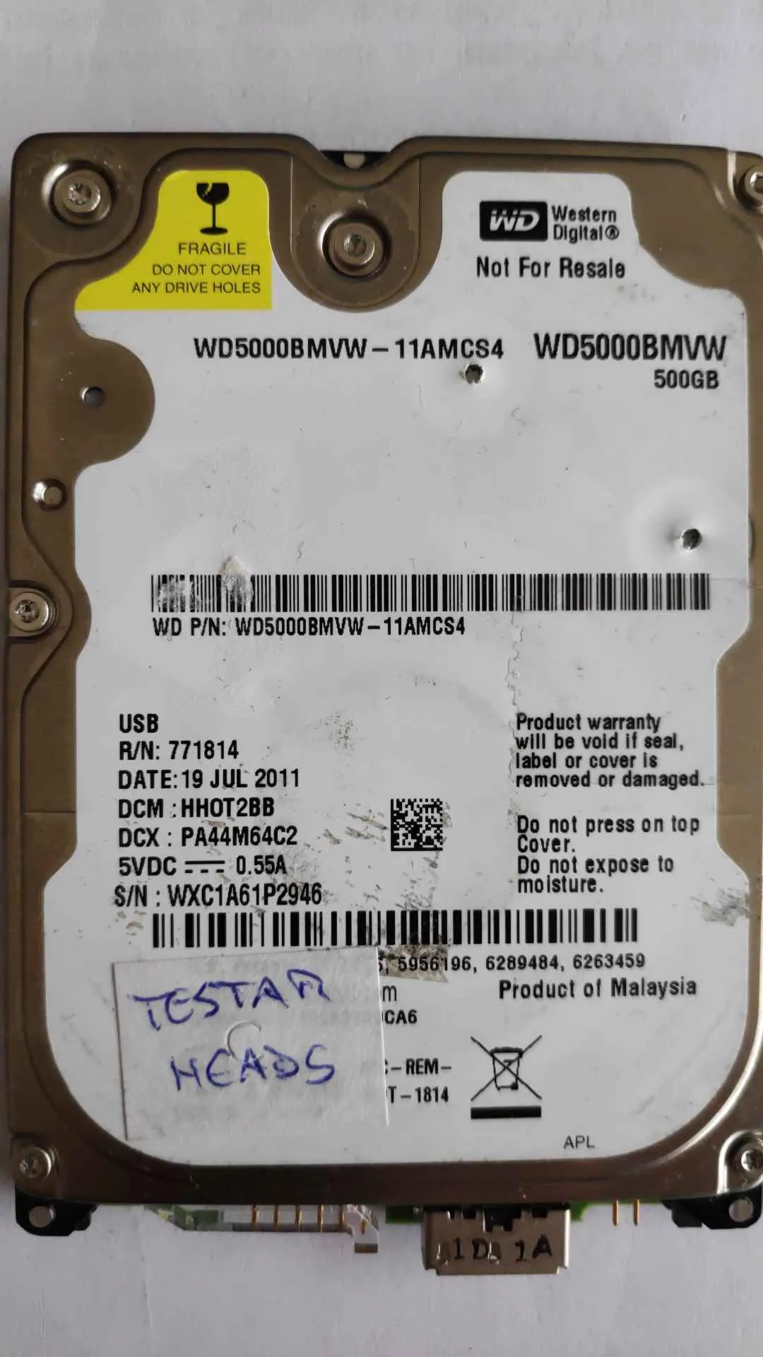 Western Digital WD5000BMVW-11AMCS4 S/N WXC1A61P2946