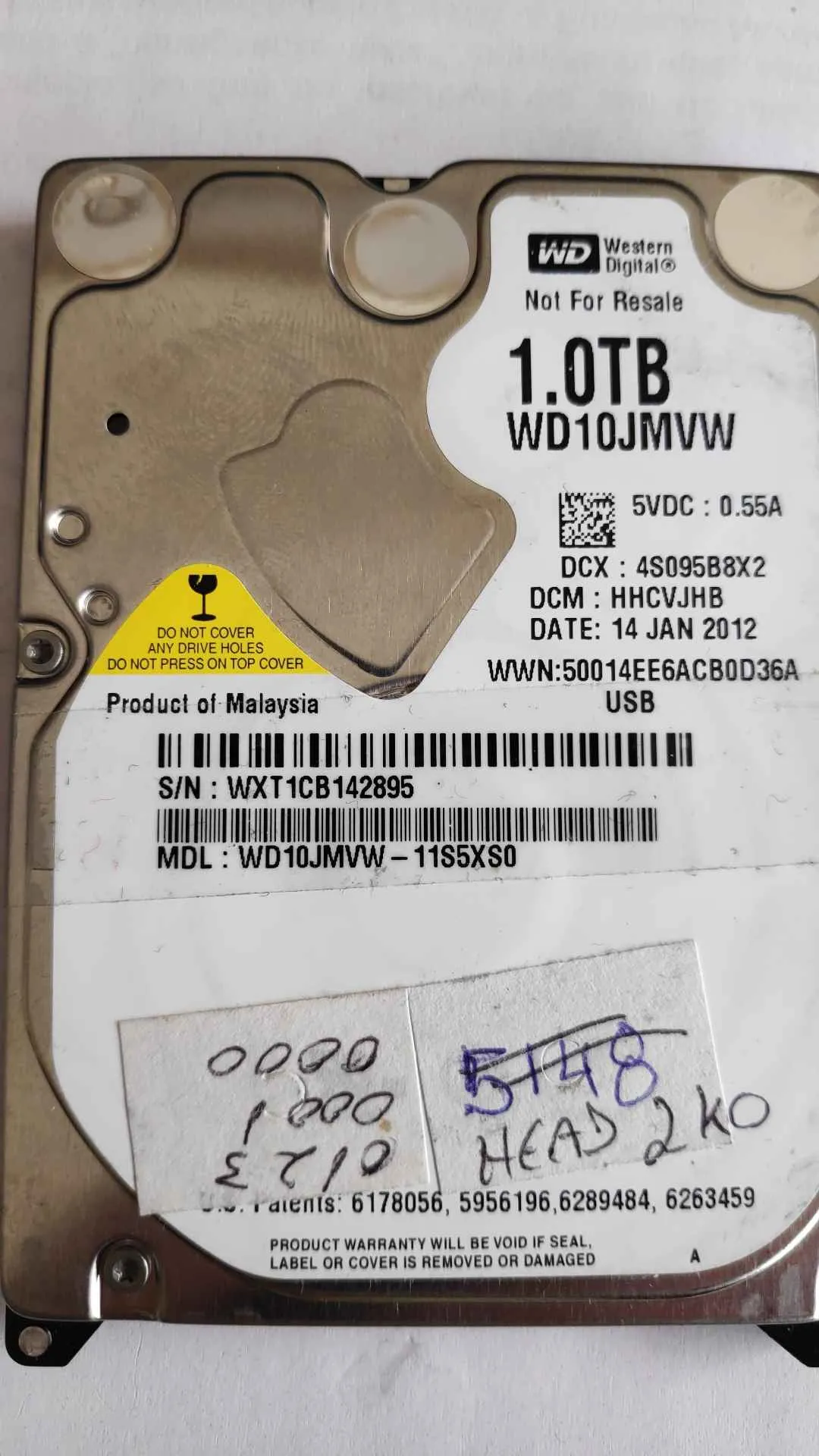 Western Digital WD10JMVW-11S5XS0 S/N WXT1CB142895
