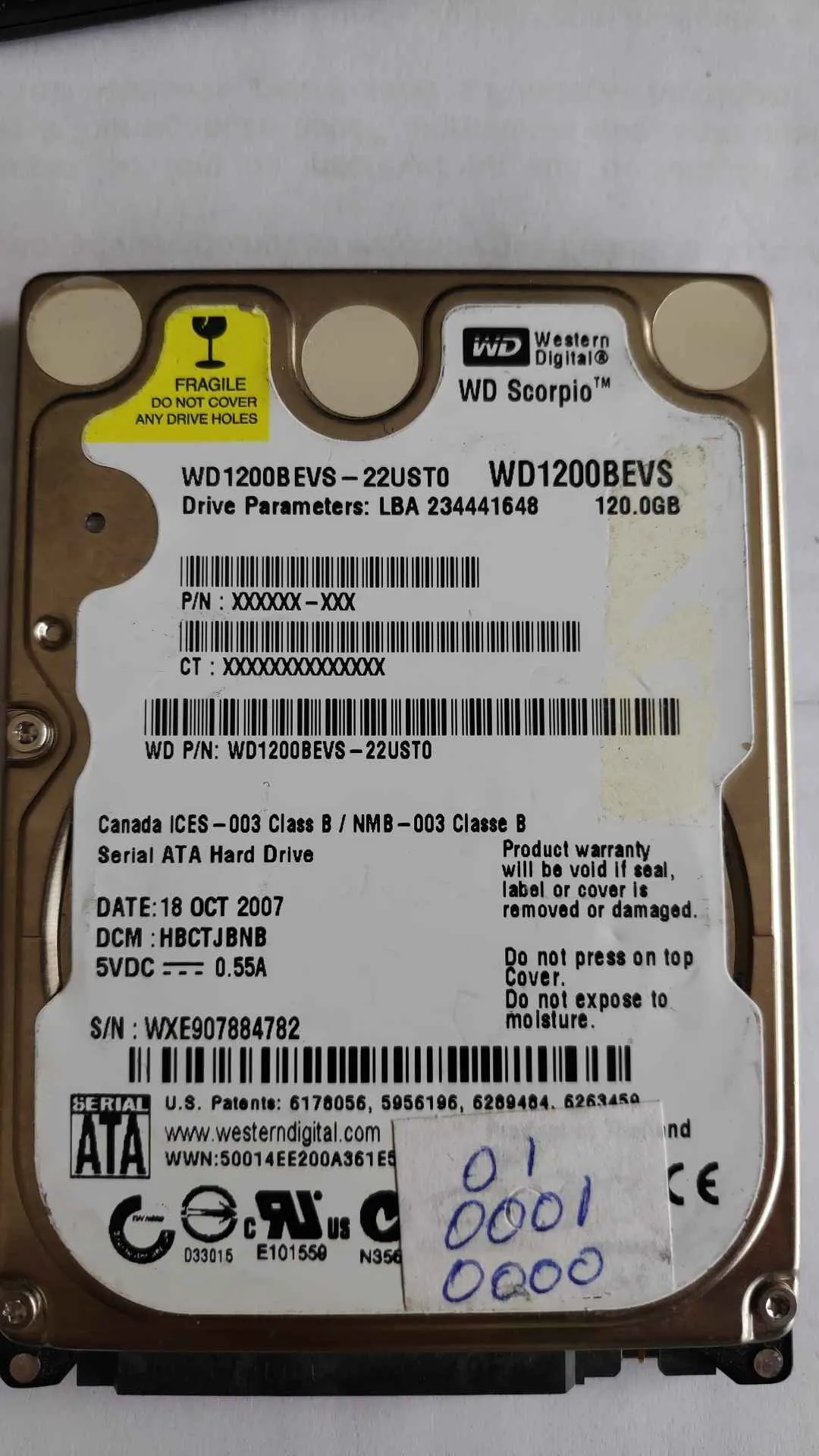 Western Digital WD1200BEVS-22UST0 S/N WXE907884782