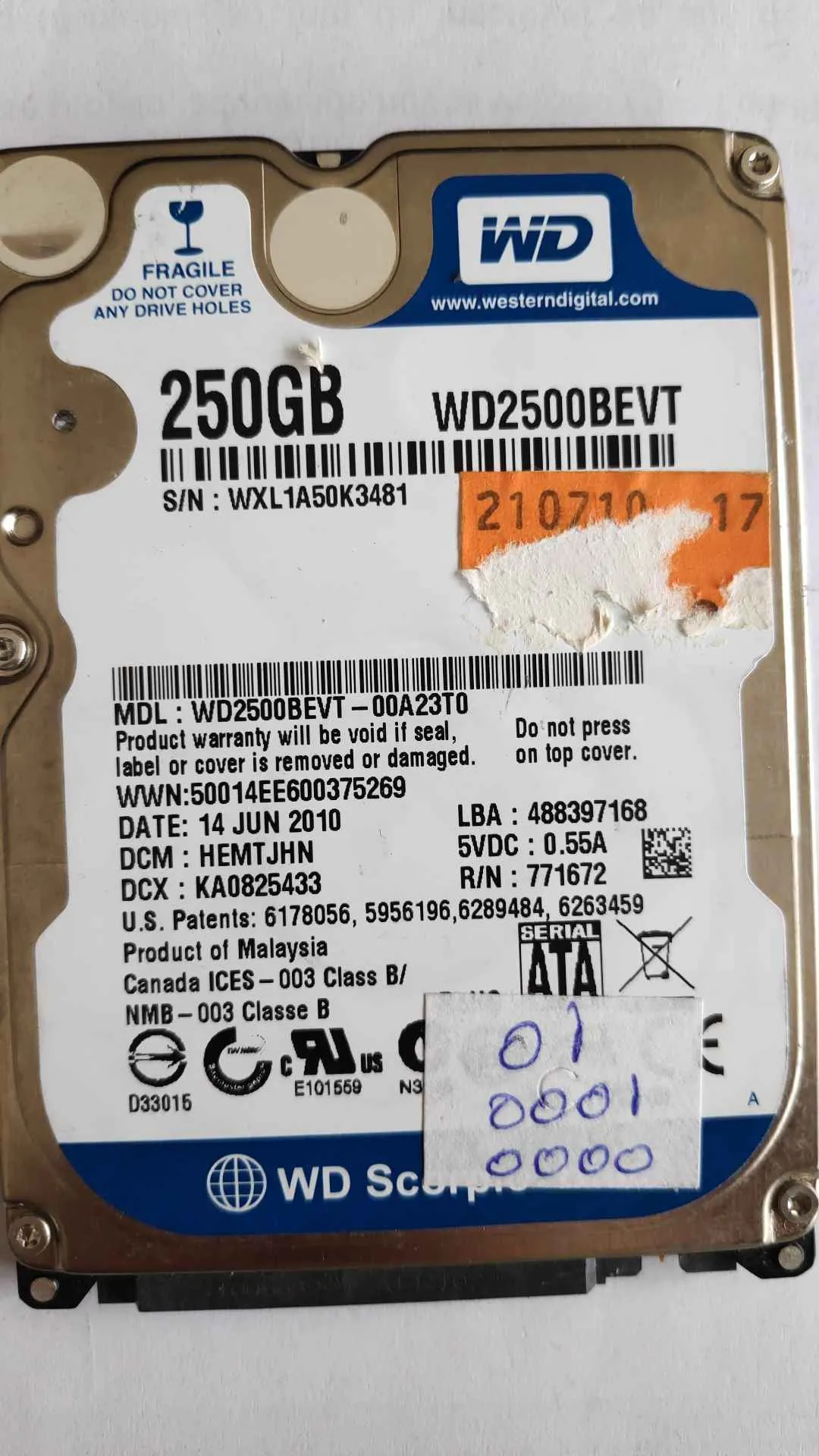 Western Digital WD2500BEVT-00A23T0 S/N WXL1A50K3481