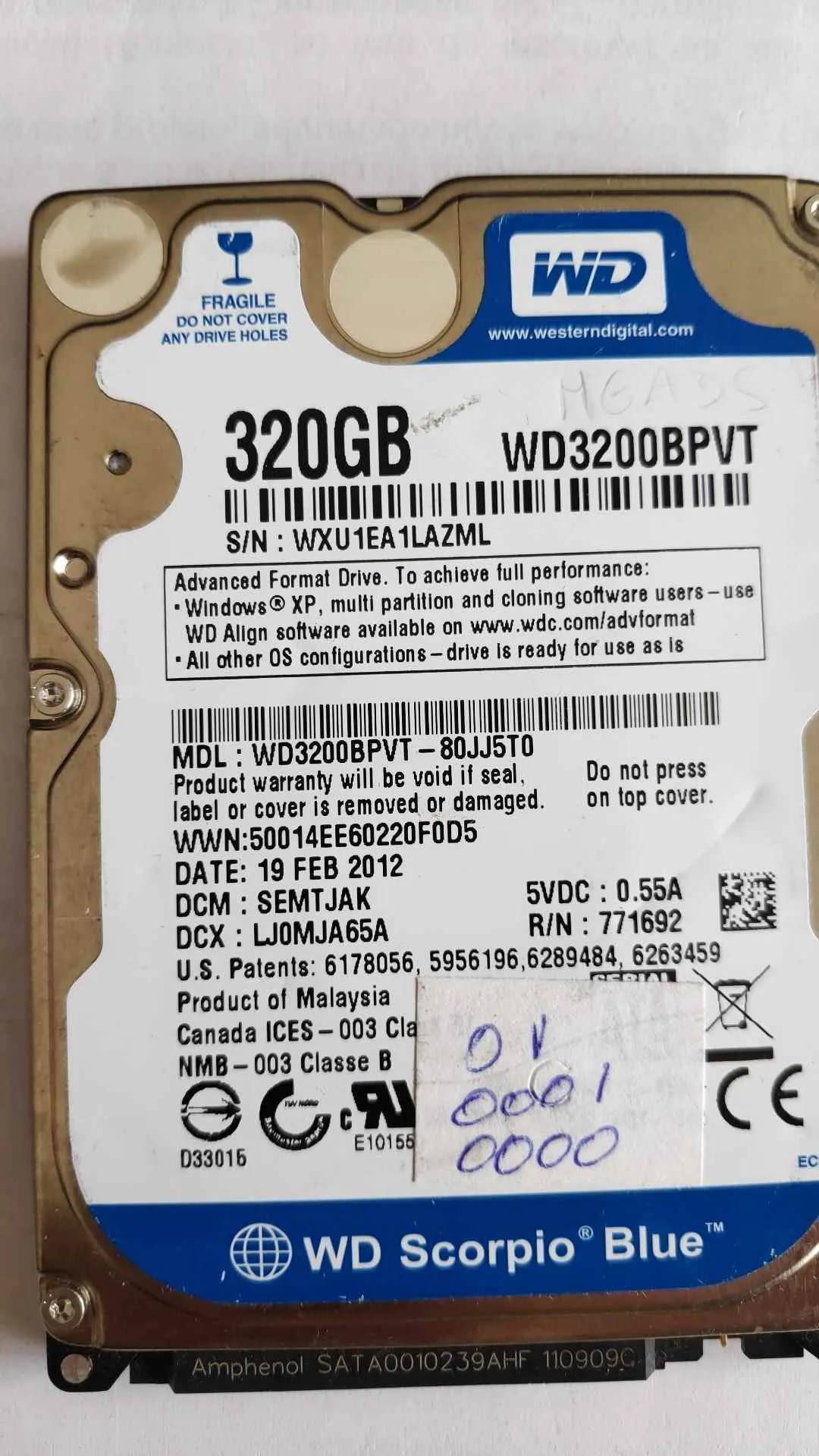 Western Digital WD3200BPVT-80JJ5T0 S/N WXU1EA1LAZML