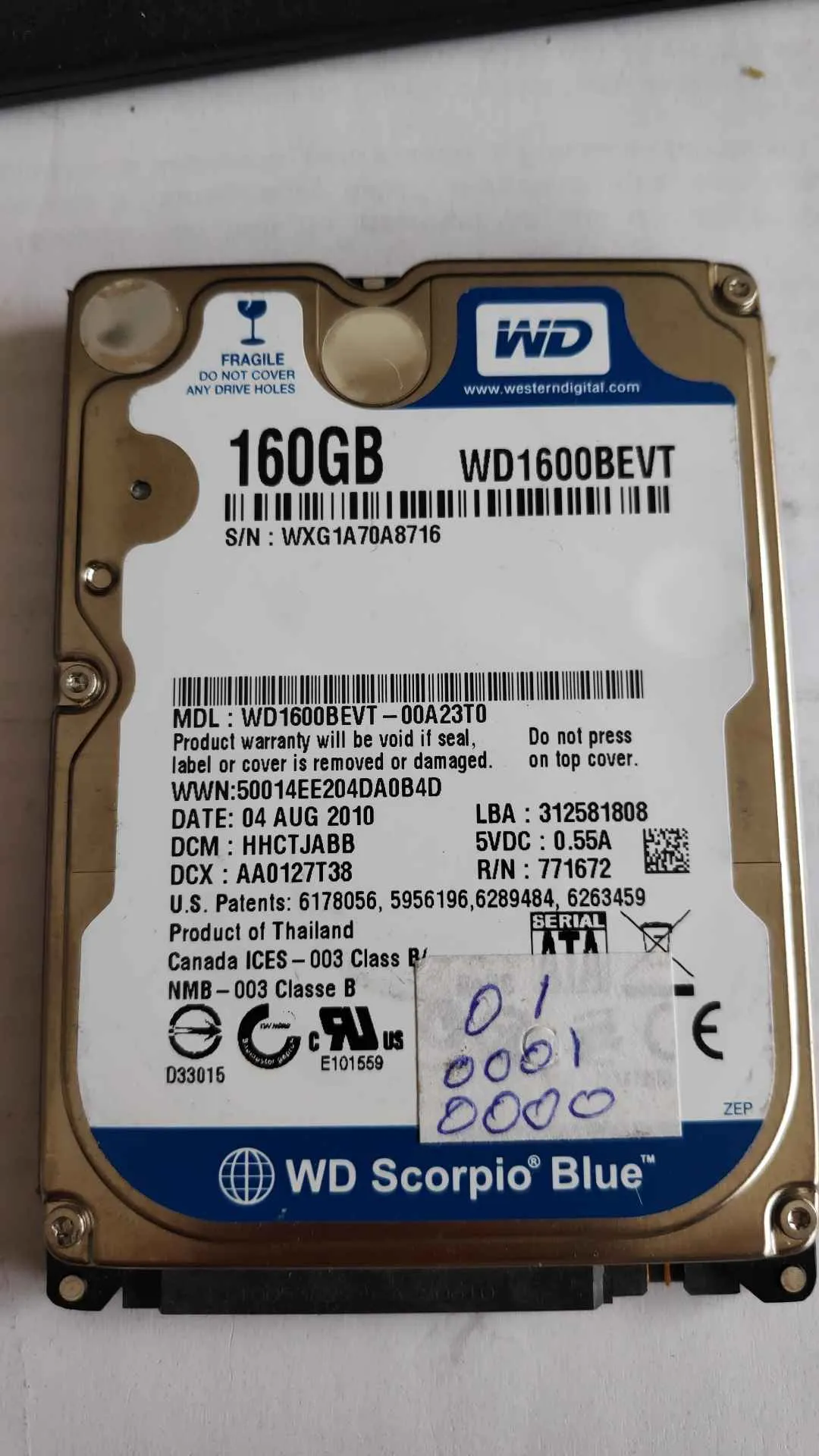 Western Digital WD1600BEVT-00A23T0 S/N WXG1A70A8716