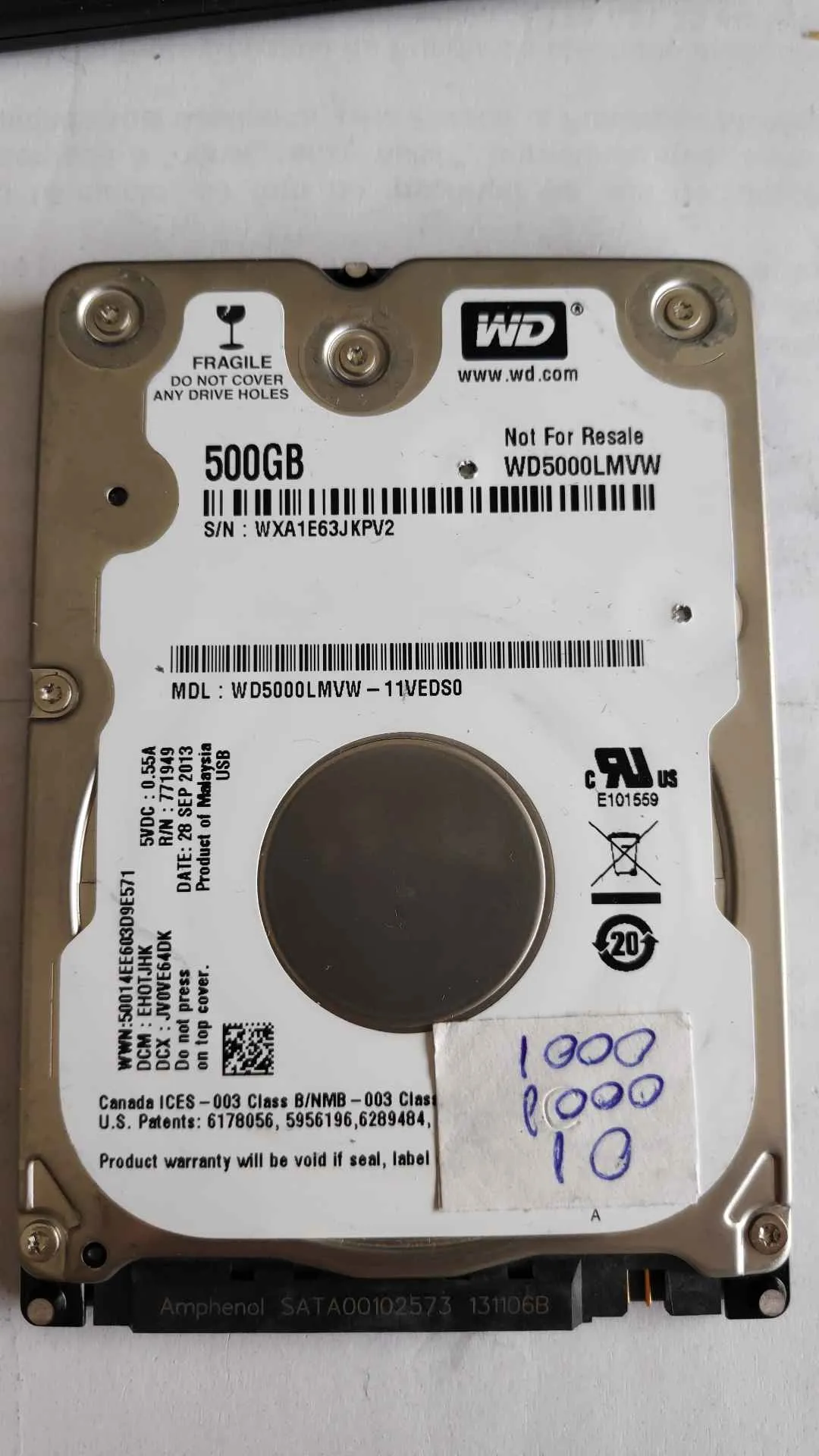 Western Digital WD5000LMVW-11VEDS0 S/N WXA1E63JKPV2