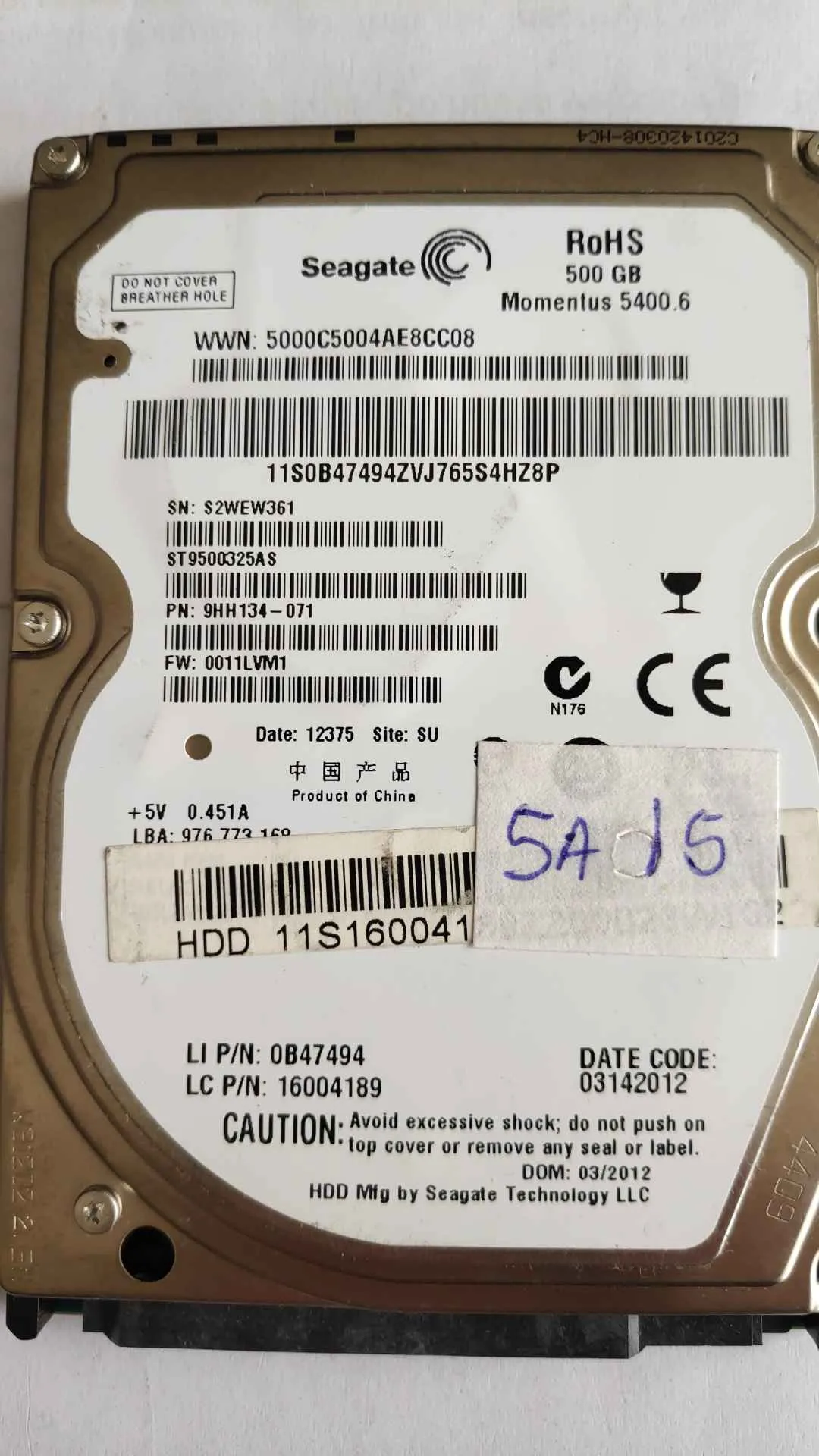 Seagate ST9500325AS S/N S2WEW361