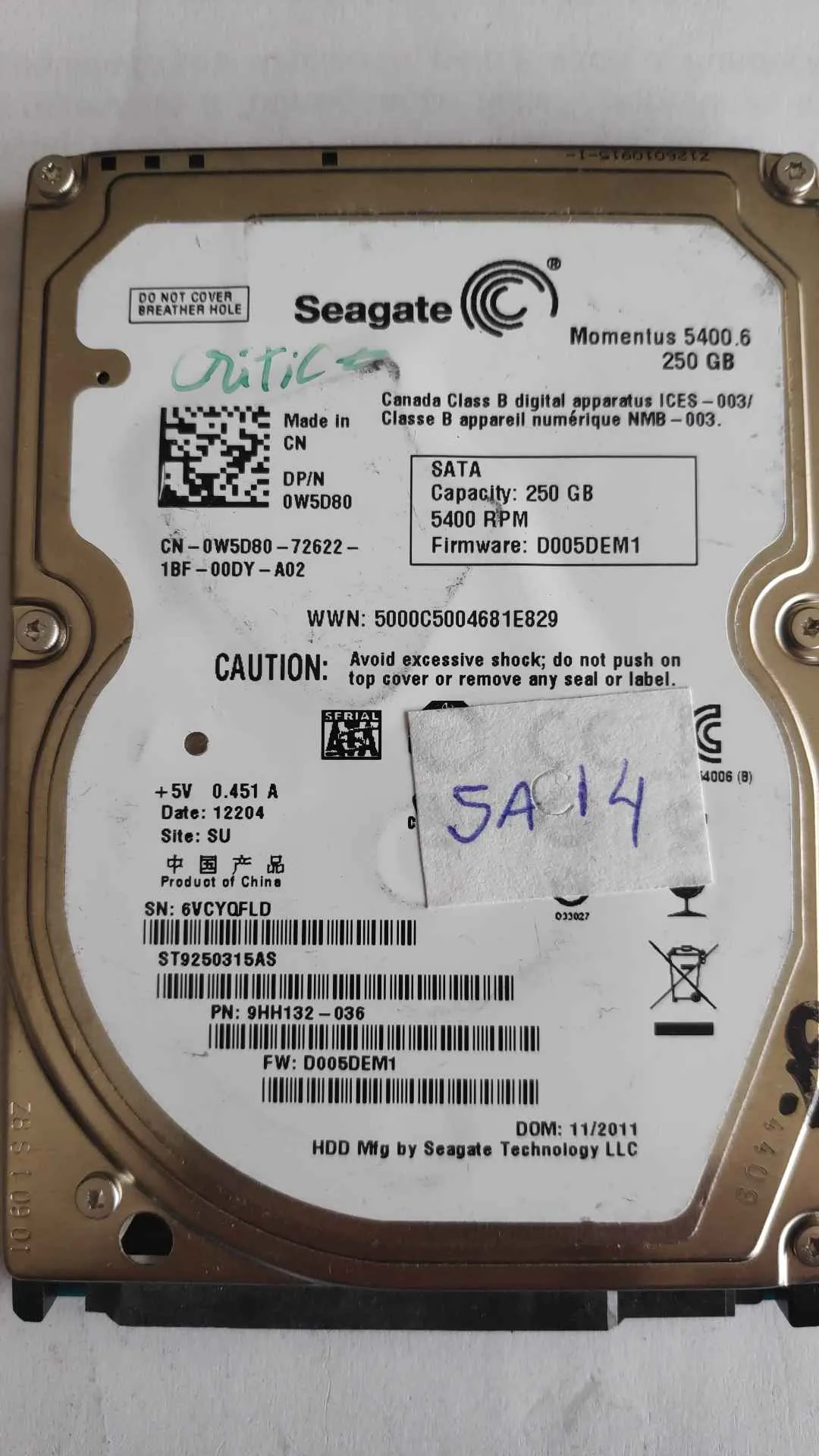Seagate ST9250315AS S/N 6VCYQFLD