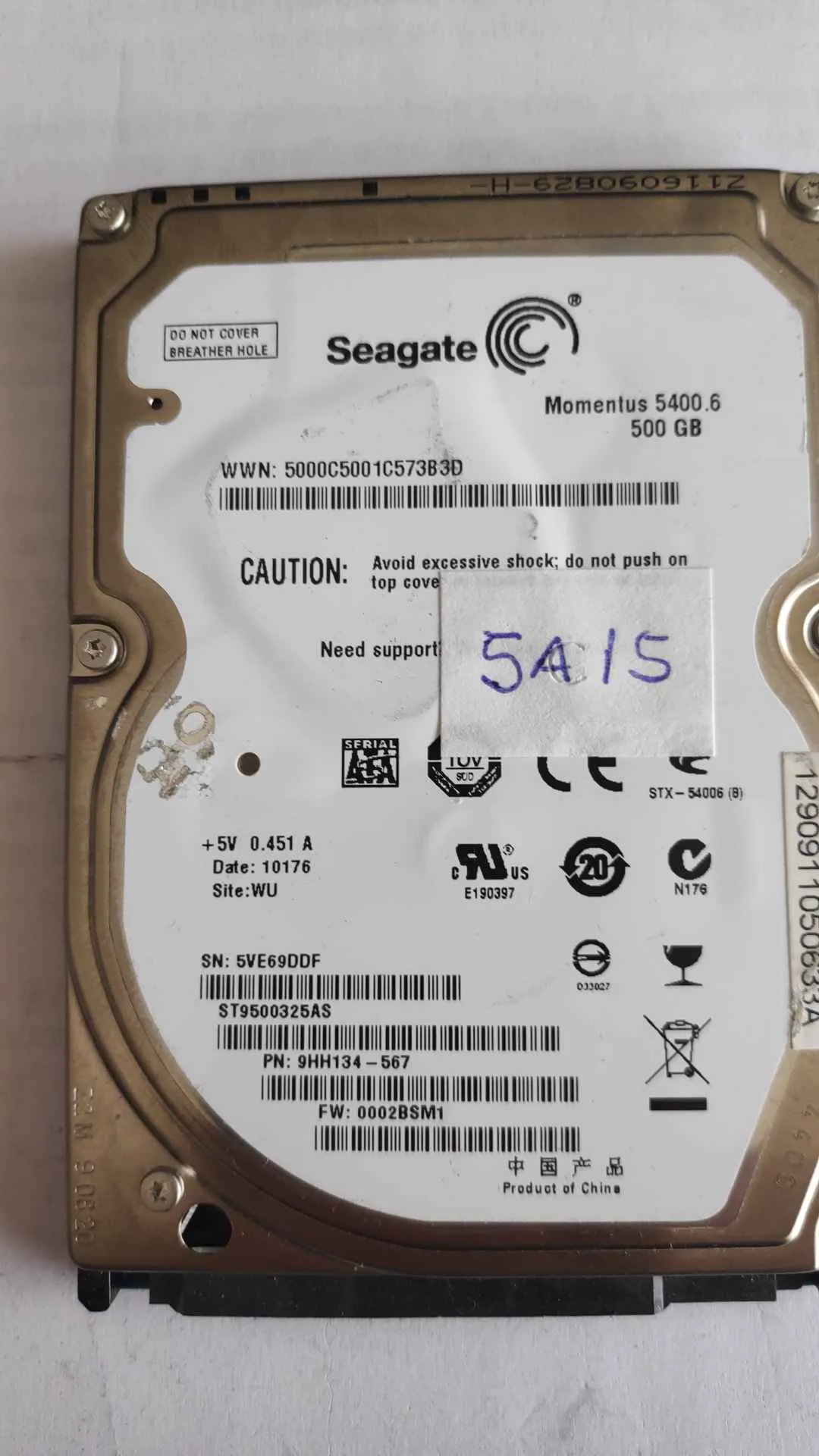 Seagate ST9500325AS S/N 5VE69DDF