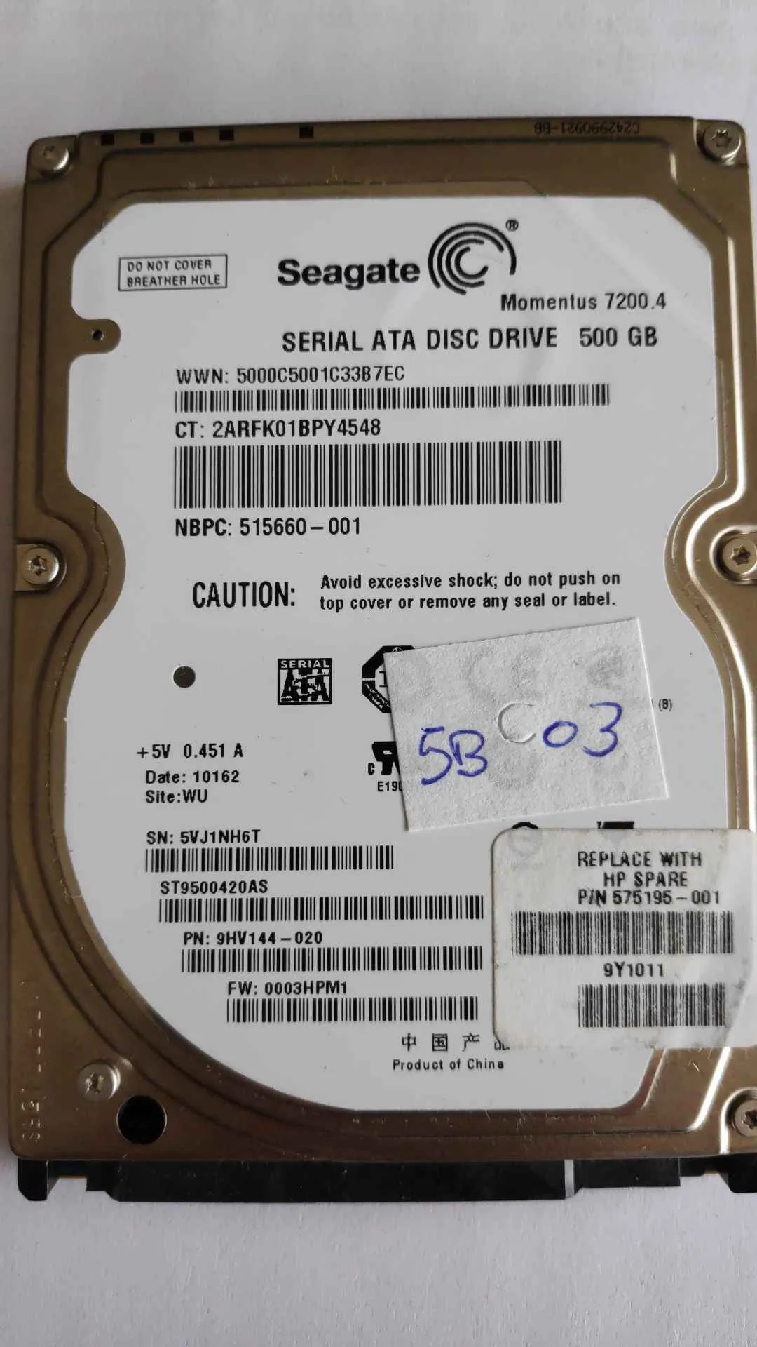 Seagate ST9500420AS S/N 5VJ1NH6T