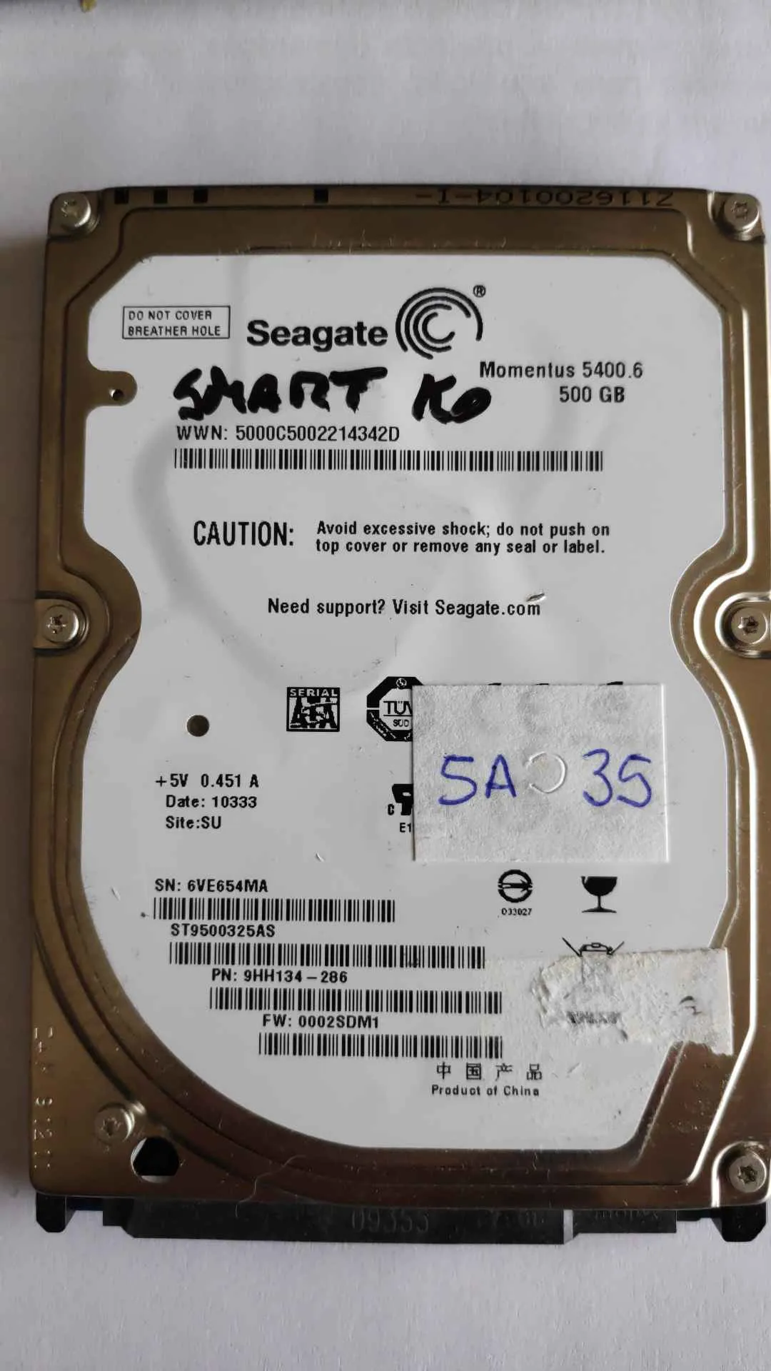 Seagate ST9500325AS S/N 6VE654MA