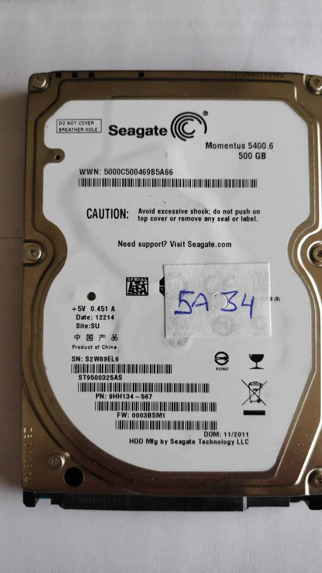 Seagate ST9500325AS S/N S2W89EL6