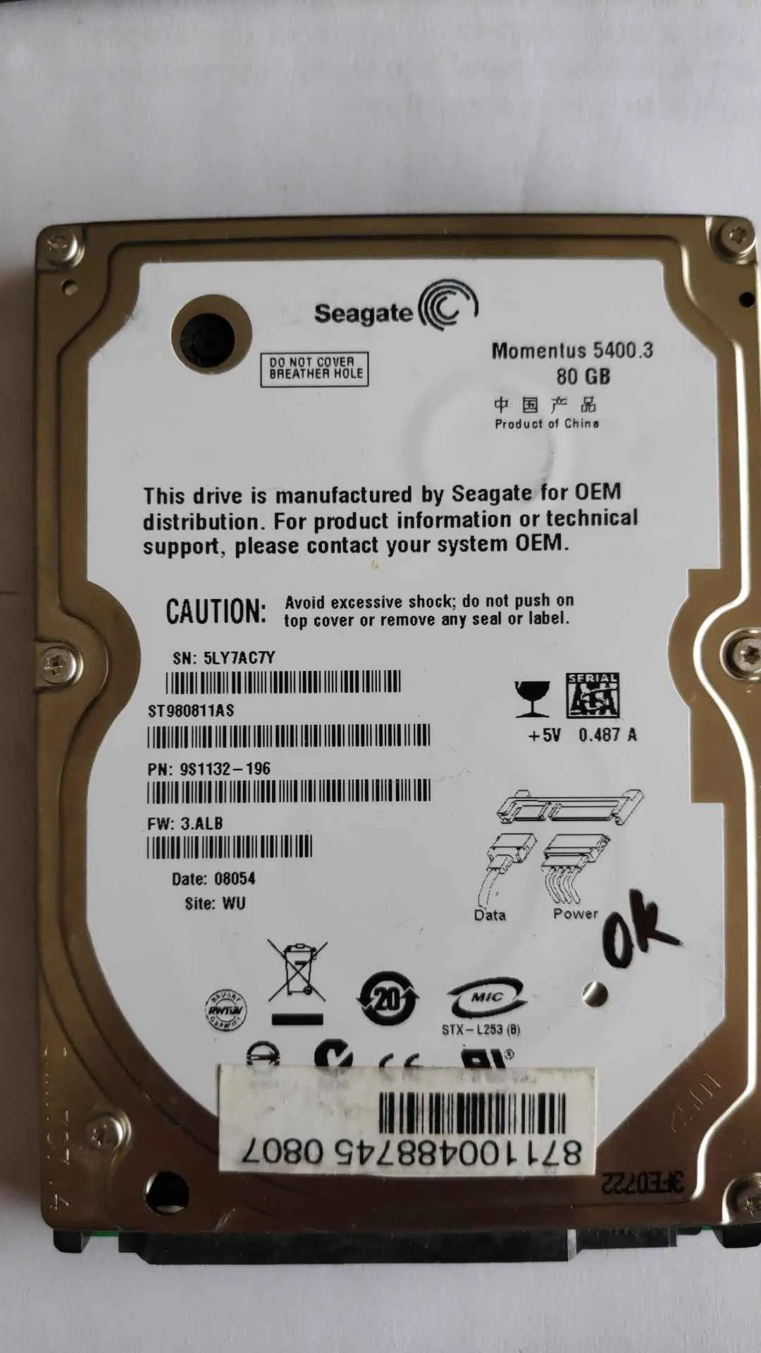Seagate ST980811AS S/N 5LY7AC7Y