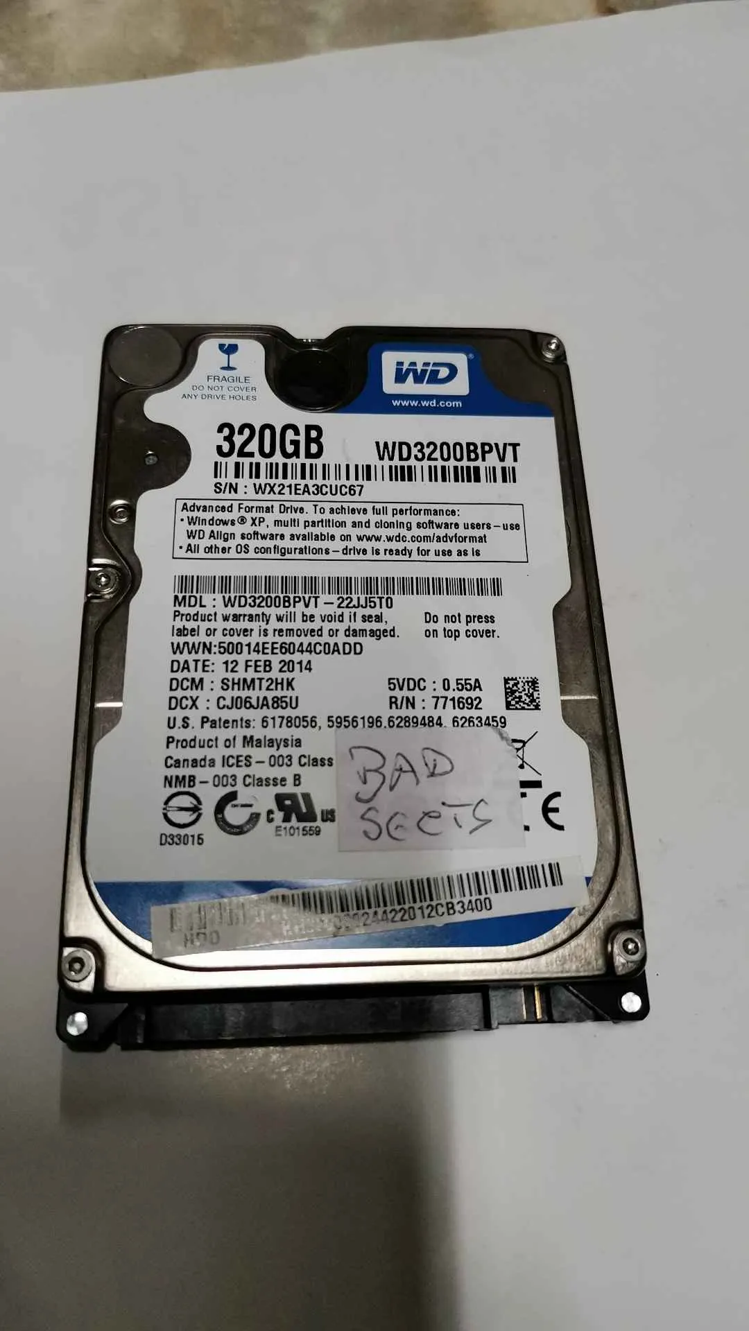 Western Digital WD3200BPVT-22JJ5T0 S/N WX21EA3CUC67