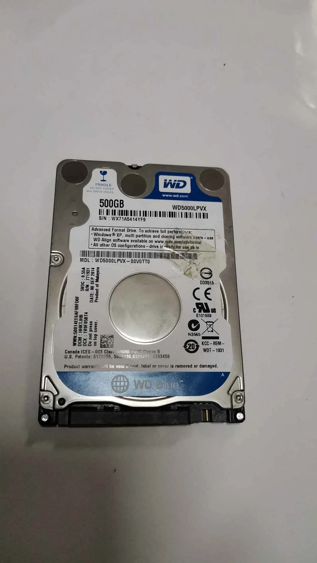 Western Digital WD5000LPVX-00V0TT0 S/N WX71A5414YF9