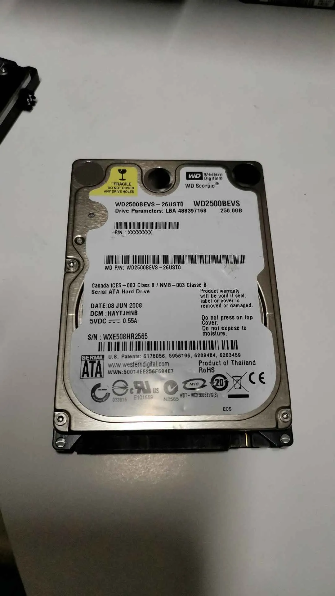 Western Digital WD2500BEVS-26UST0 S/N WXE508HR2565