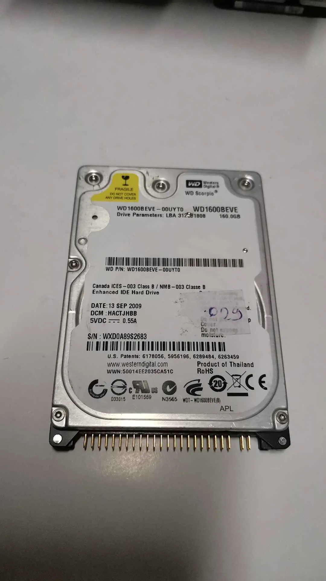 Western Digital WD1600BEVE-00UYT0 S/N WXD0A89S2683