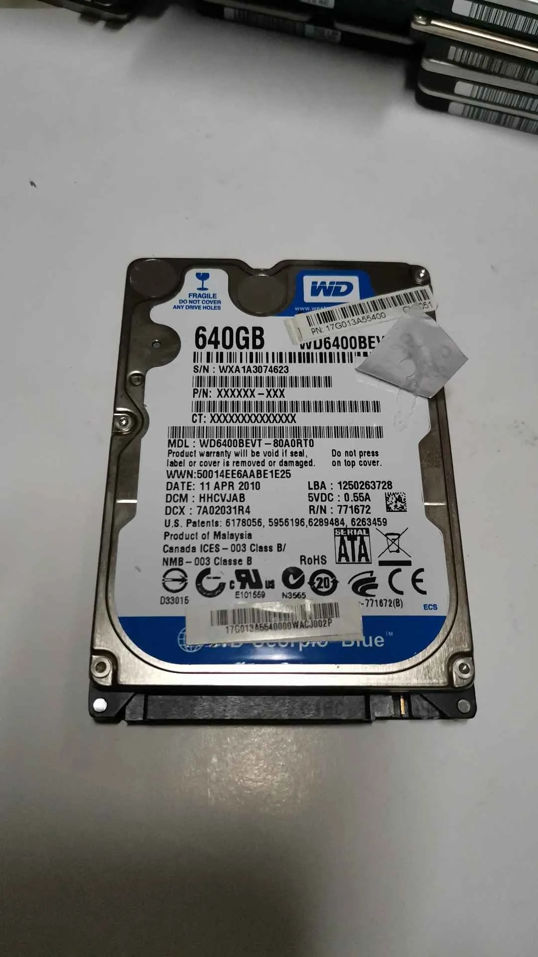 Western Digital WD6400BEVT-80A0RT0 S/N WXA1A3074623