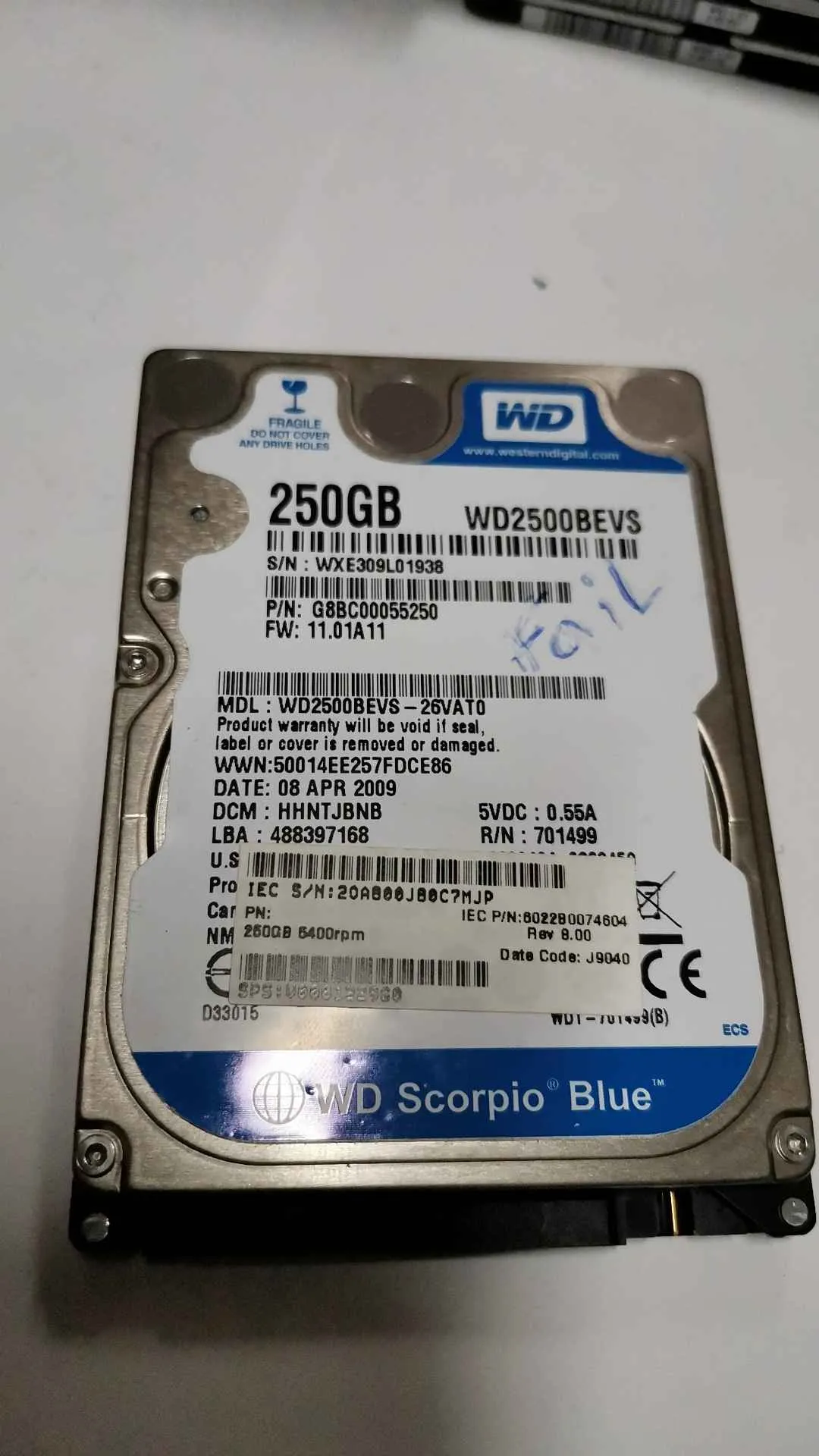Western Digital WD2500BEVS-26VAT0 S/N WXE309L01938