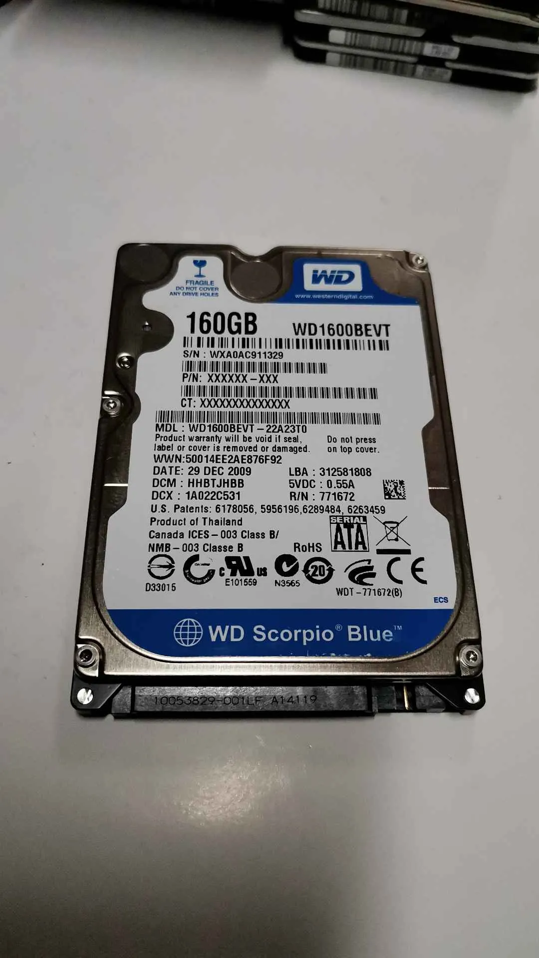 Western Digital WD1600BEVT-22A23T0 S/N WXA0AC911329