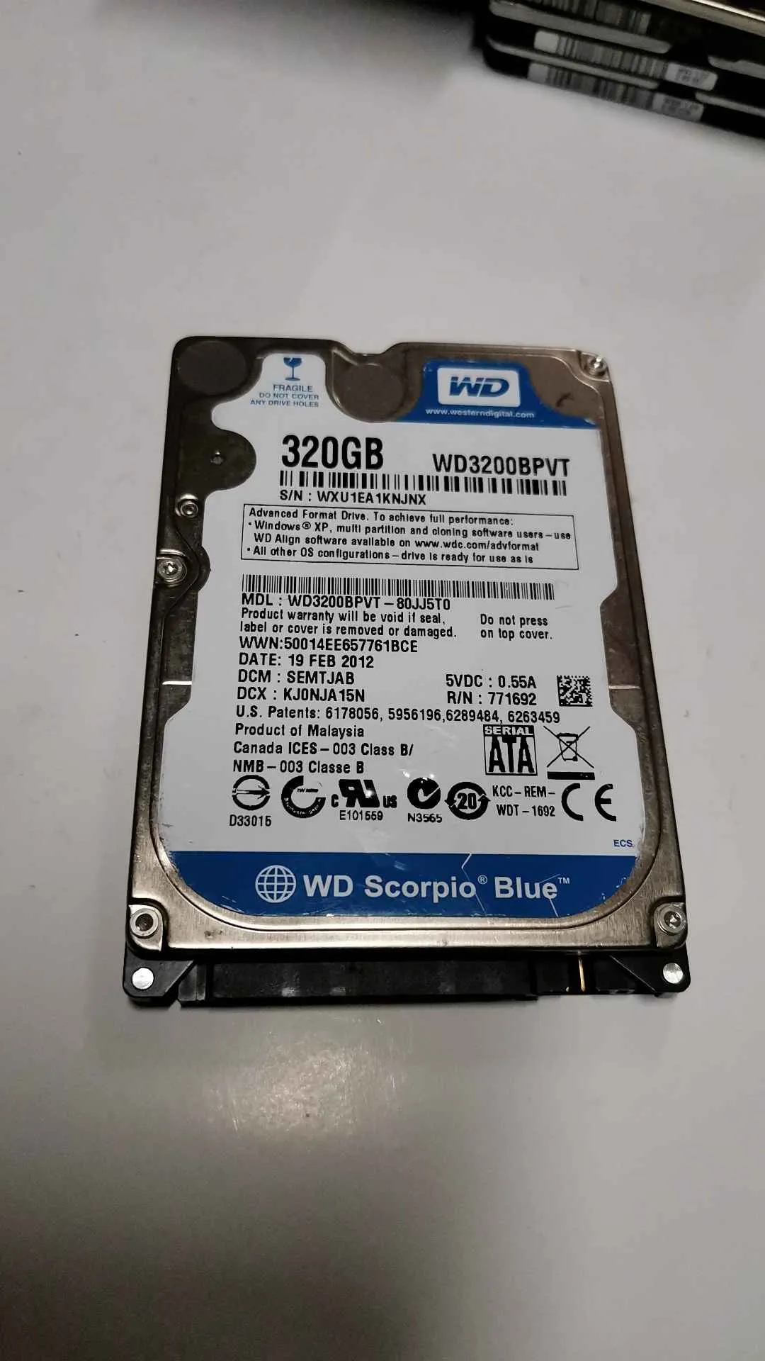 Western Digital WD3200BPVT-80JJ5T0 S/N WXU1EA1KNJNX