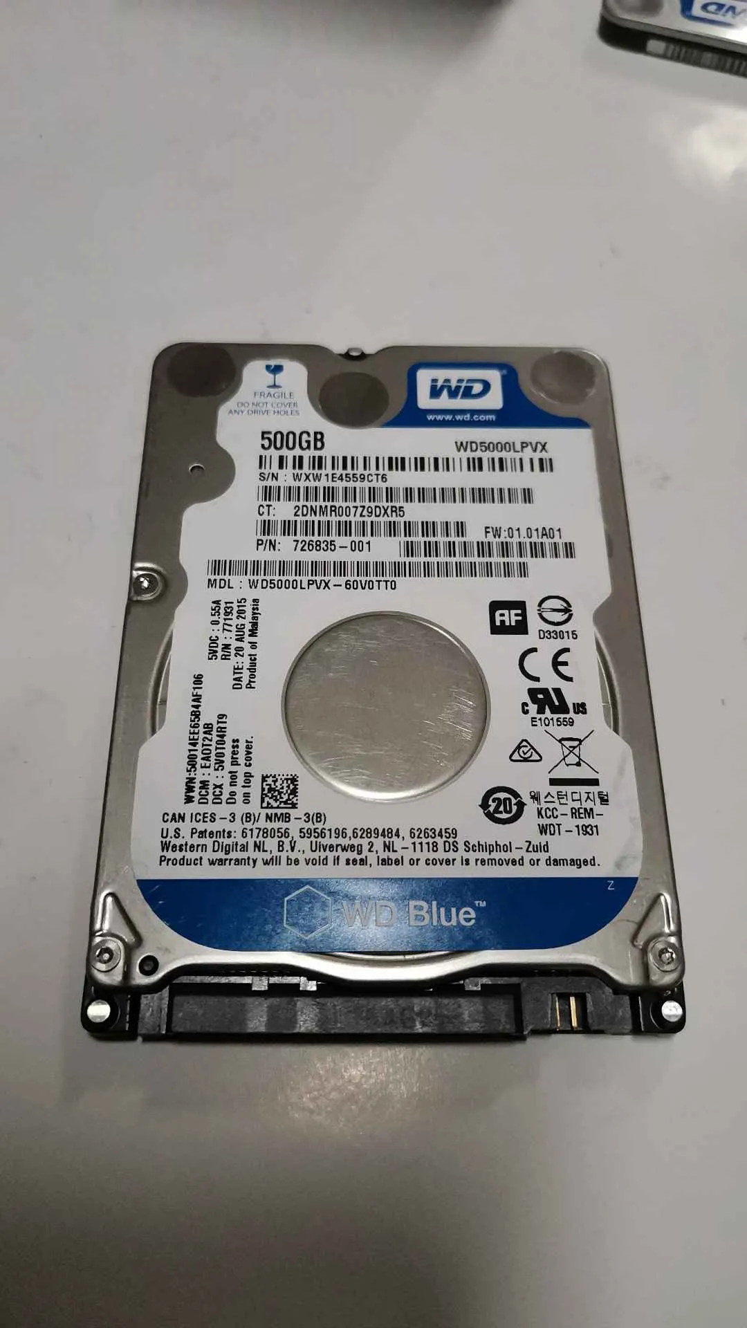 Western Digital WD5000LPVX-60V0TT0 S/N WXW1E4559CT6